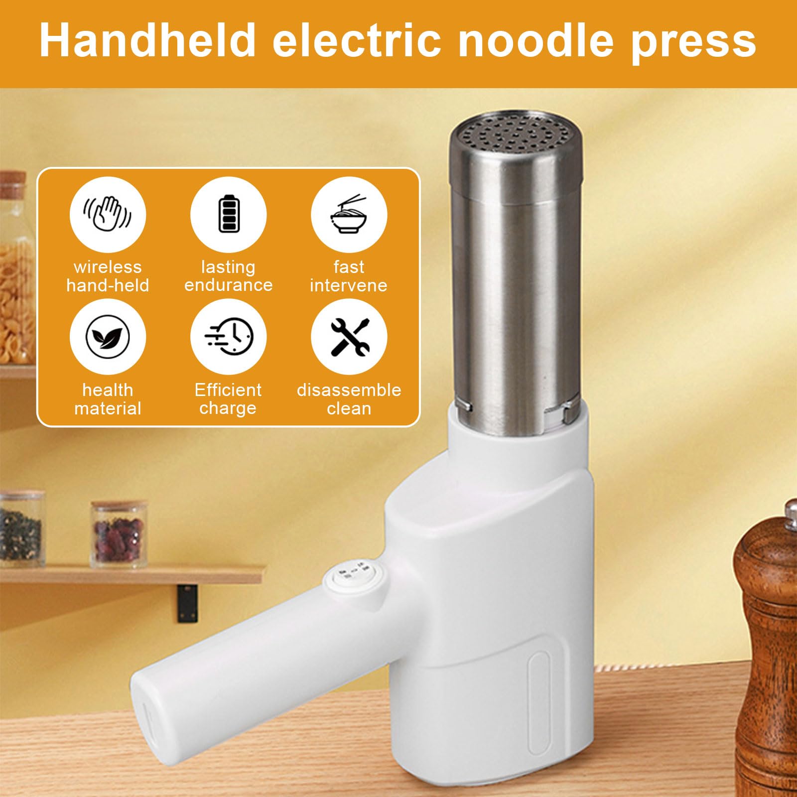 Máquina de Pasta Eléctrica Inalámbrica Portátil – Pasta Maker Automático con Batería 2000/2600mAh, 5 Moldes Intercambiables y Accesorios, Acero Inoxidable, Hogar & Exterior
