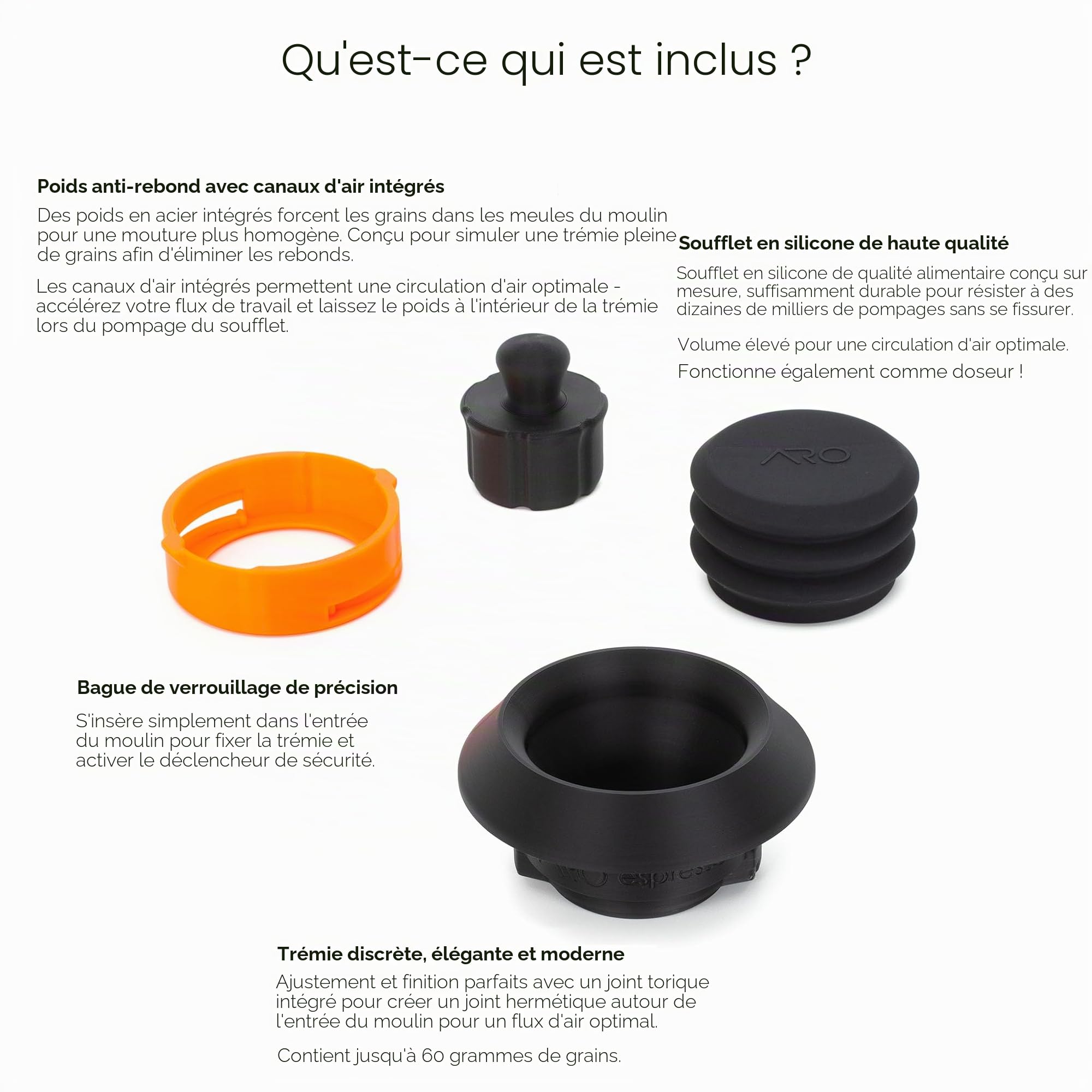 Trémie à dose unique avec soufflet en silicone et poids anti-popcorn | Compatible avec Breville Barista Express, Pro, Touch et Impress | Noir