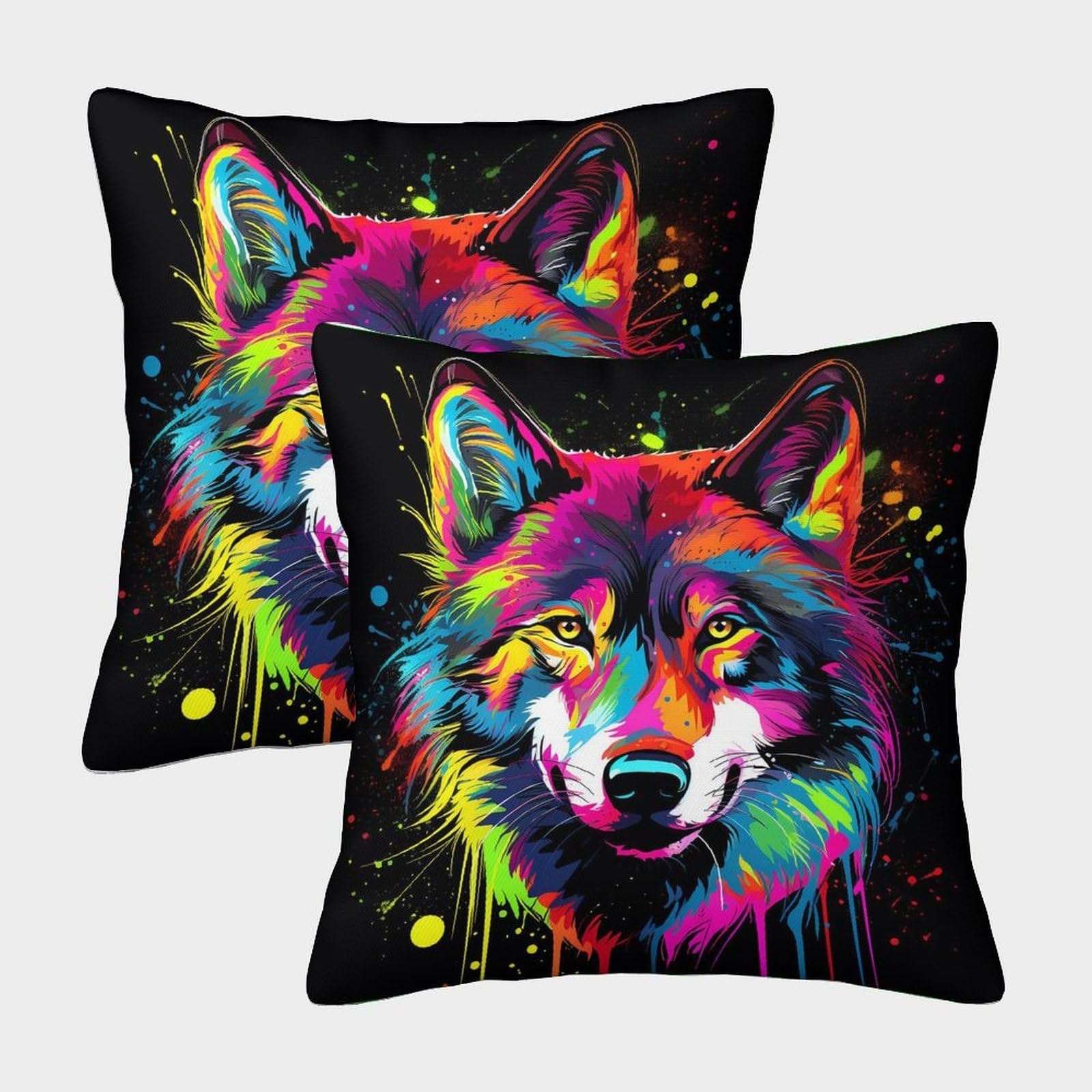 QFVANSIYO 3D Printed Colorful Wolf Pillowcase Microfiber Bedroom Bedding Decor Wolf Head Pillow Cover Soft Washable for Adults Teens 50x50cm