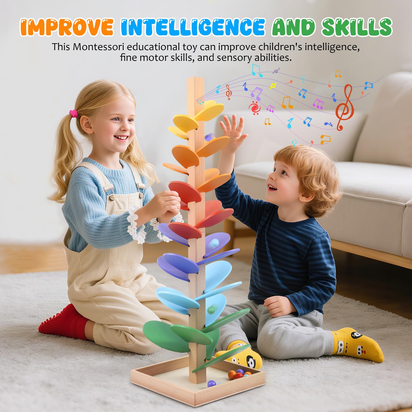 Montessori Sound Tree, 71CM Wooden Rainbow Musical Tree with 10 Colorful Balls, 6 Colors, Music Tree Wooden Marble Run - Image 2