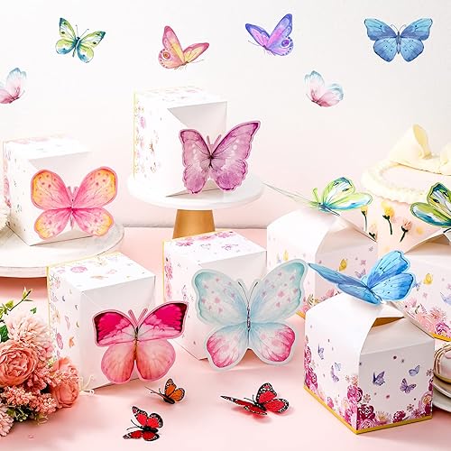 Miniatura 6 de Ctosree 24 cajas de regalo de fiesta de mariposa, bolsas de dulces florales, caja de papel de regalo de mariposa rosa para niña, decoración azul