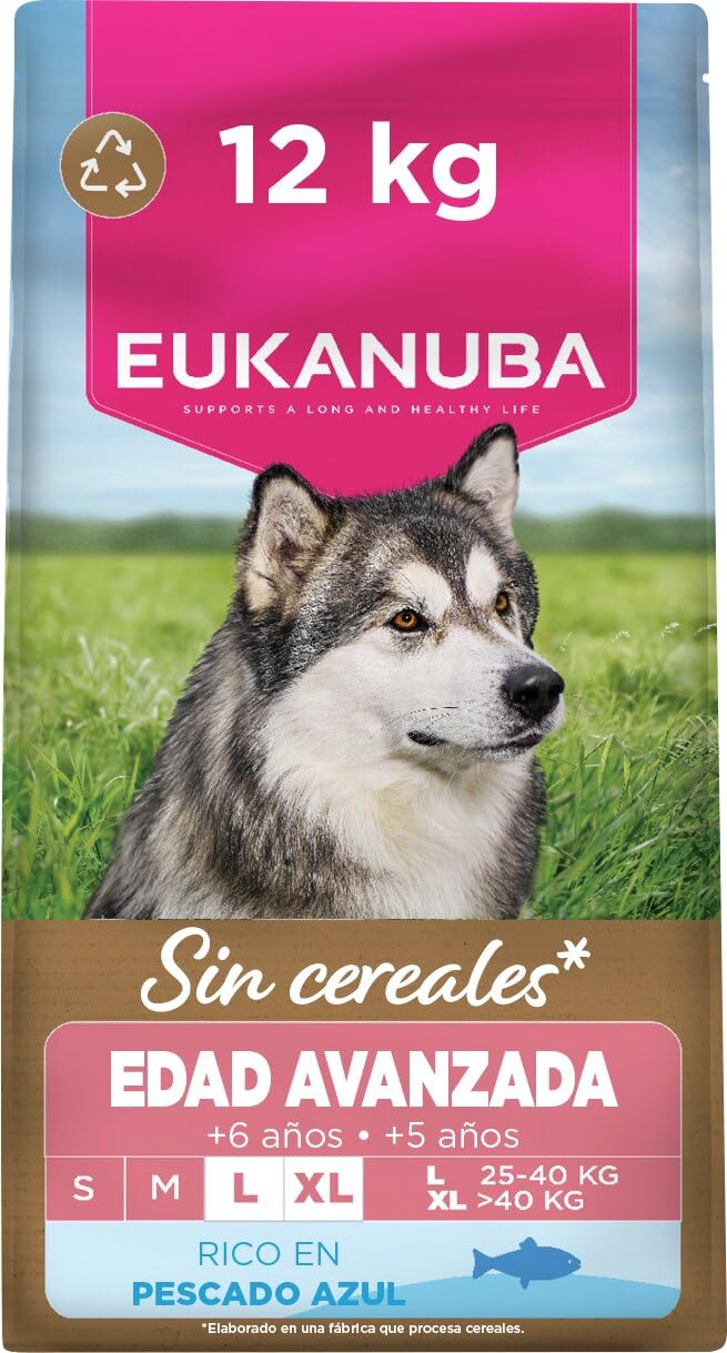 Eukanuba, alimento para Edad Avanzada sin Cereales con Pescado para Razas Grandes - Alimento seco Premium para Perros Senior, 12 kg