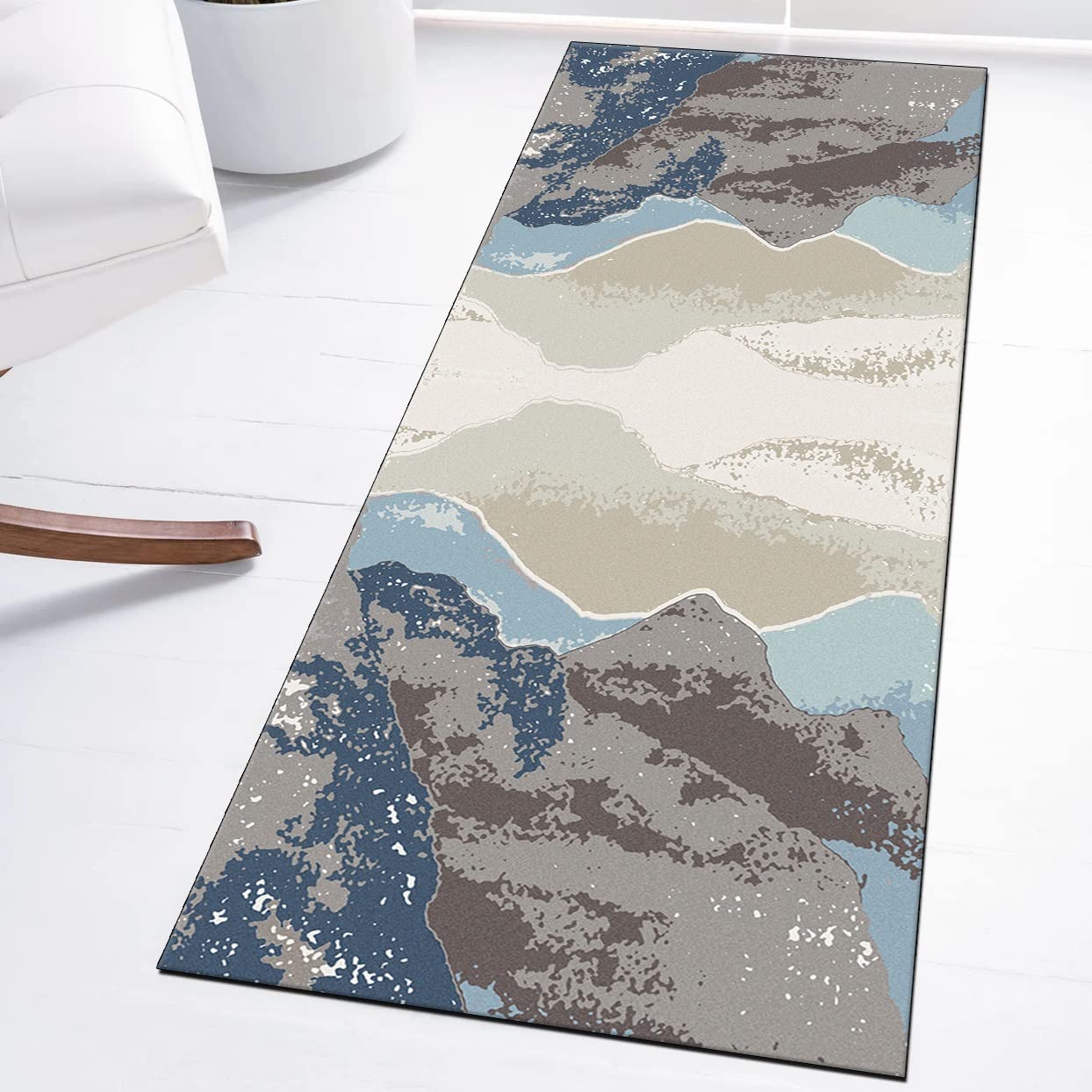 Dywan na korytarz, dywan kuchenny, 120 x 350 cm, niebieski, brązowy, abstrakcyjny dywan, mata, antypoślizgowy, zmywalny, chodnik do kuchni, sypialni, przedpokoju, schodów, drzwi, możliwość personalizacji