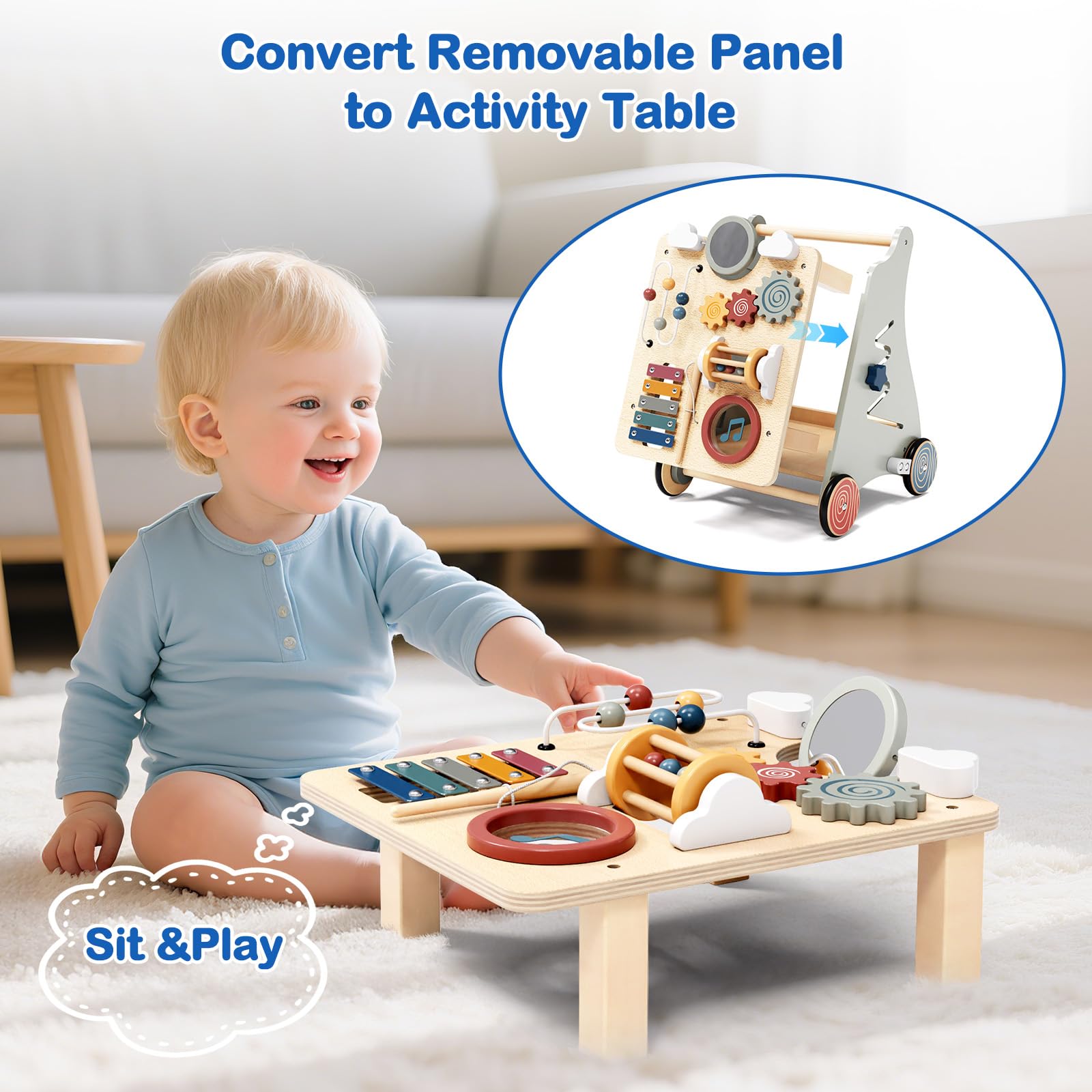 Drewniany chodzik dla dzieci 2 w 1 Montessori Chodzik dziecięcy z interaktywnymi zajęciami zabawki dla niemowląt 1+ rok Baby Walker na pierwsze kroki prezent dla dziecka chłopiec dziewczynka