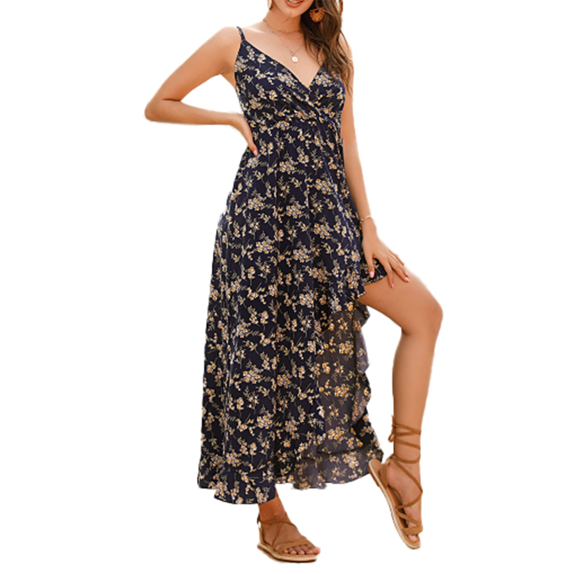 Vestito Da Spiaggia Estivo Irregolare Da Donna Con Scollo A V Stampato Con Fionda E Increspato Da Donna,Black,XL