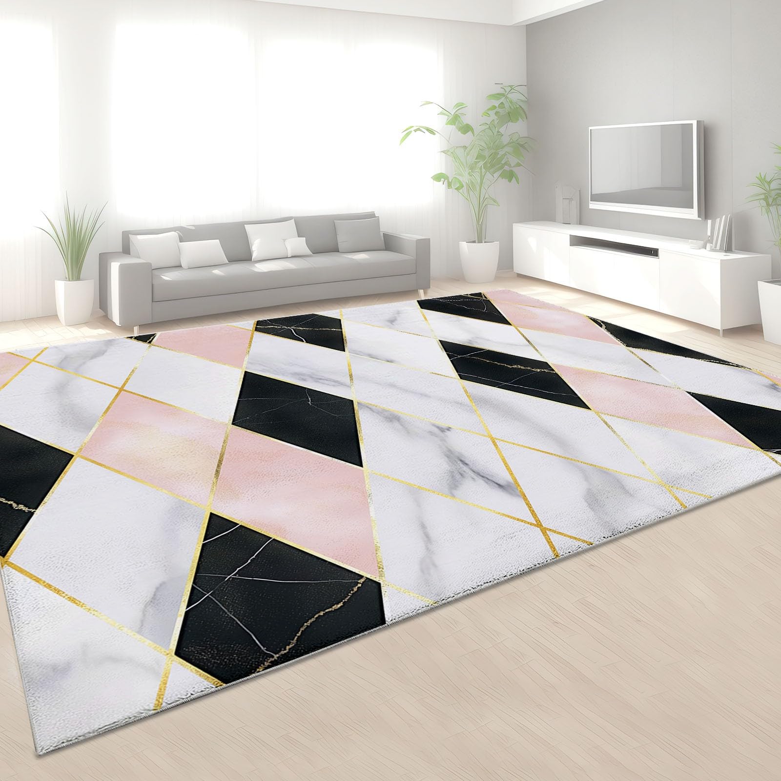 Różowy dywanik dywaniki do salonu sypialni 180 x 250 cm marmurowy geometryczny romb mata podłogowa z nadrukiem miękkie dywany duży dywan do jadalni domu biura kuchni