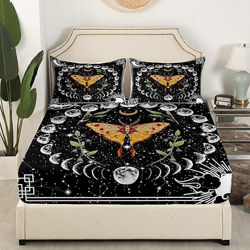 Miniatura 2 de Erosebridal Sábana bajera ajustable de polilla gótica, sol y luna, cielo estrellado, estrellas, juego de ropa de cama de constelación individual,
