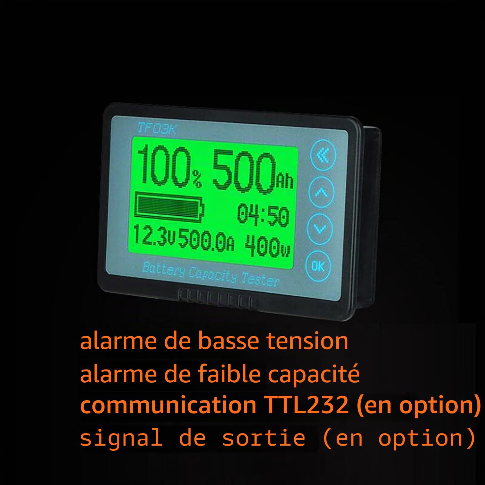 Compteur De Batterie, Moniteur De Capacité De Batterie Testeur De Batterie Voltmetre Amperemetre 8-120V 350A, TF03K Compteur De Coulomb Moniteur De Batterie Avec Alarme Basse Tension Pour Voiture RV