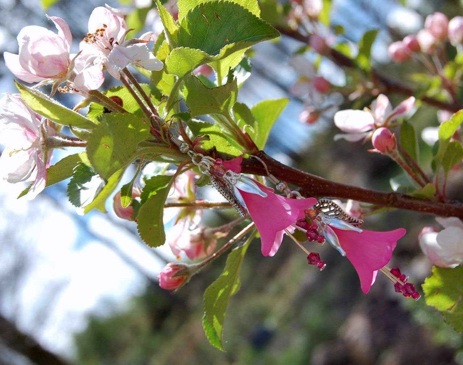 Fuschia earrings with crystals/fuchsia pink flower earrings/fairytale jewellery/woodland/forest elf/mori girl/boho summer jewelry/festival/mori girl