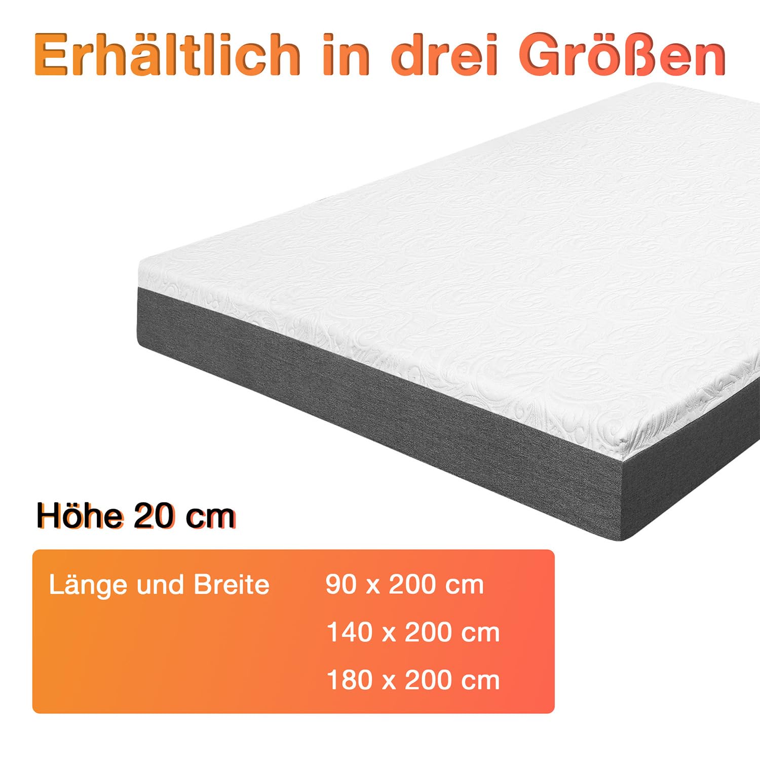 Visco-Gedächtnisschaum Matratze 140x200 cm, 20 cm Höhe – Perfekte Druckentlastung, Klimaregulierender Bezug, Gerollt, Oeko-TEX