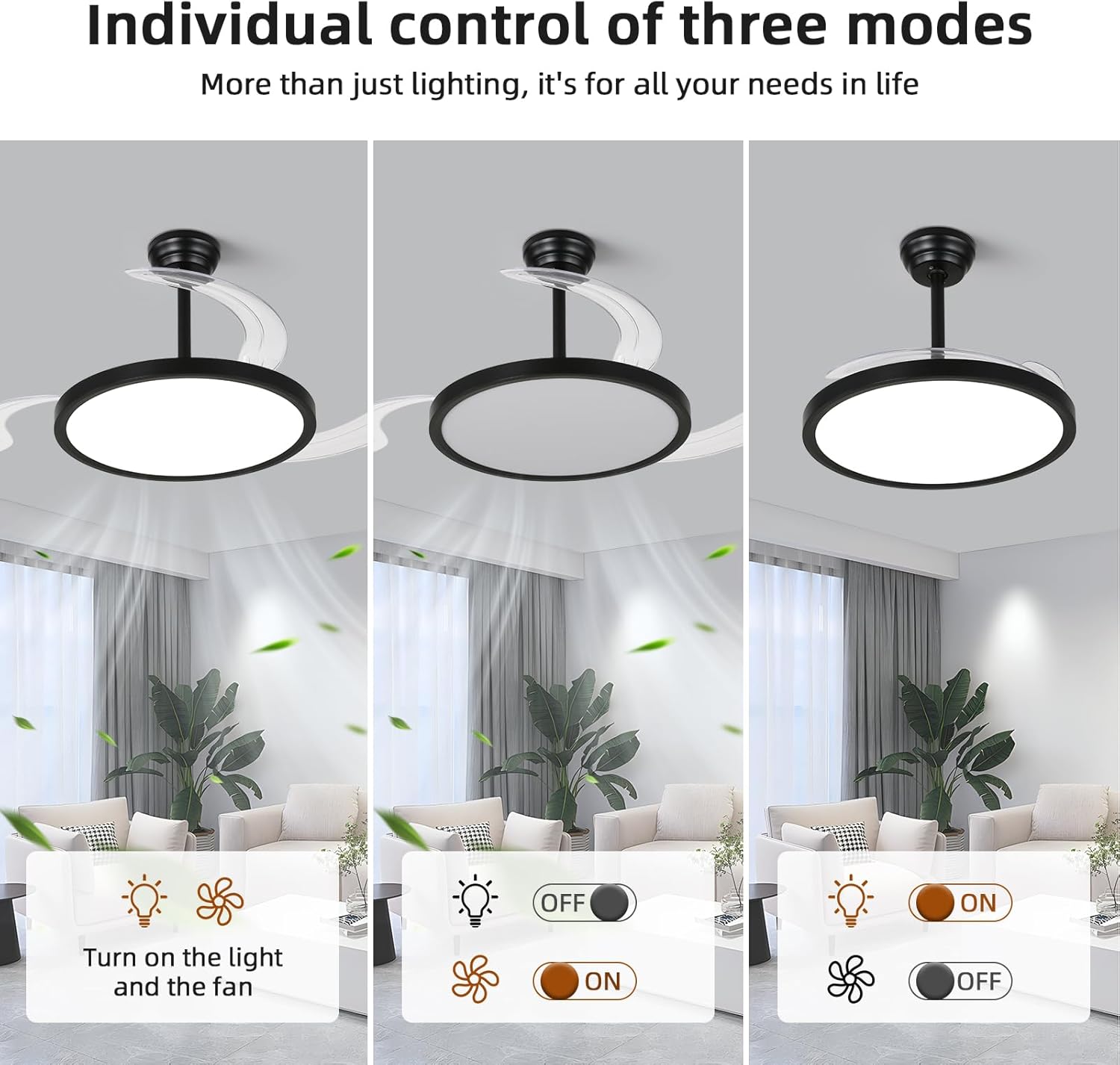 42 inch Retractable Ceiling Fan with Lights,6 Speed Dimmable Silent Fan,Modern Ceiling Fan with Light Remote Control for Bedroom Living Room Kitchen (Black)