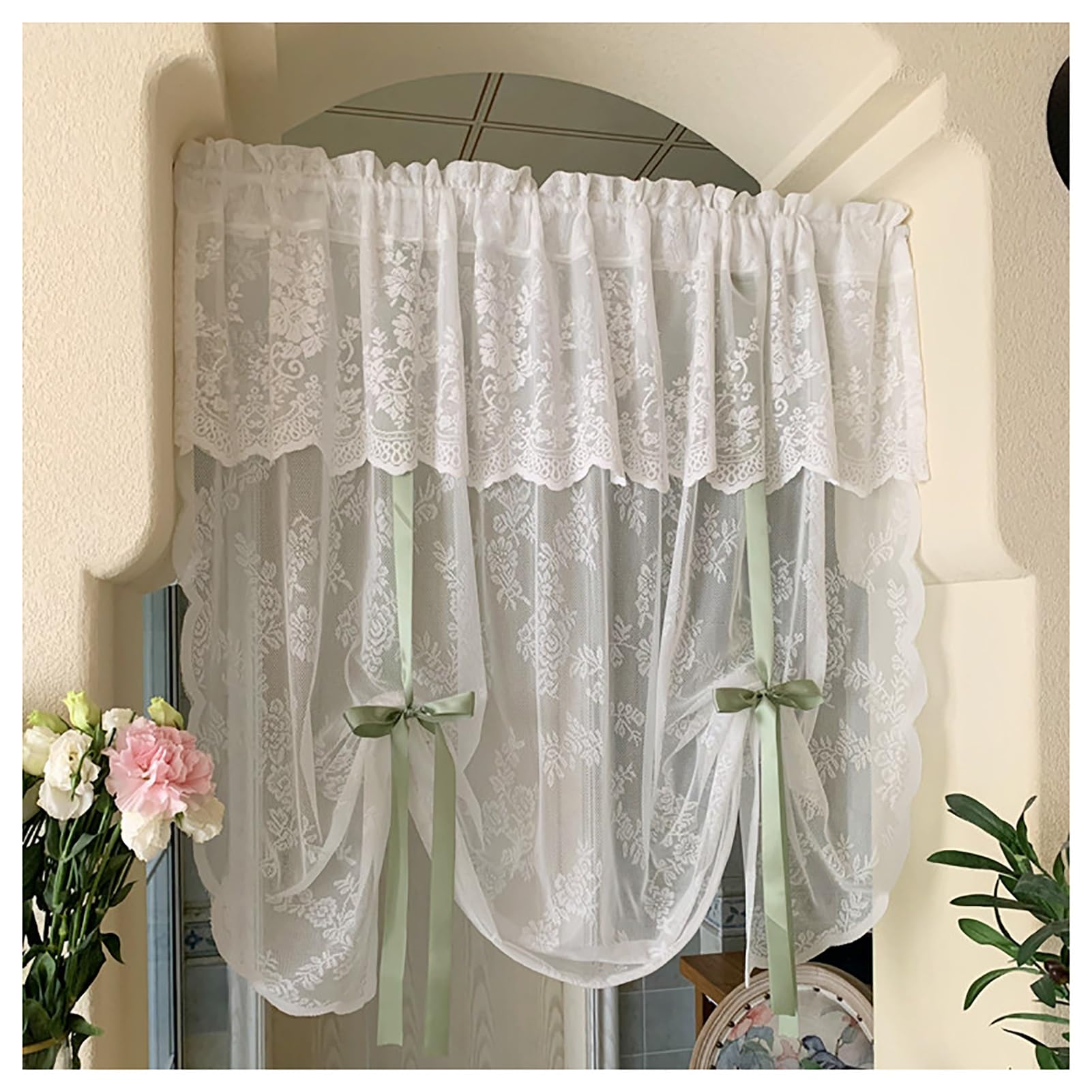 Lace Sheer Roman Curtain with Attached Valance, Floral Embroidered Tie Up Balloon Curtain for Kitchen Bathroom Bedroom(H100xW140cm(39x55in))