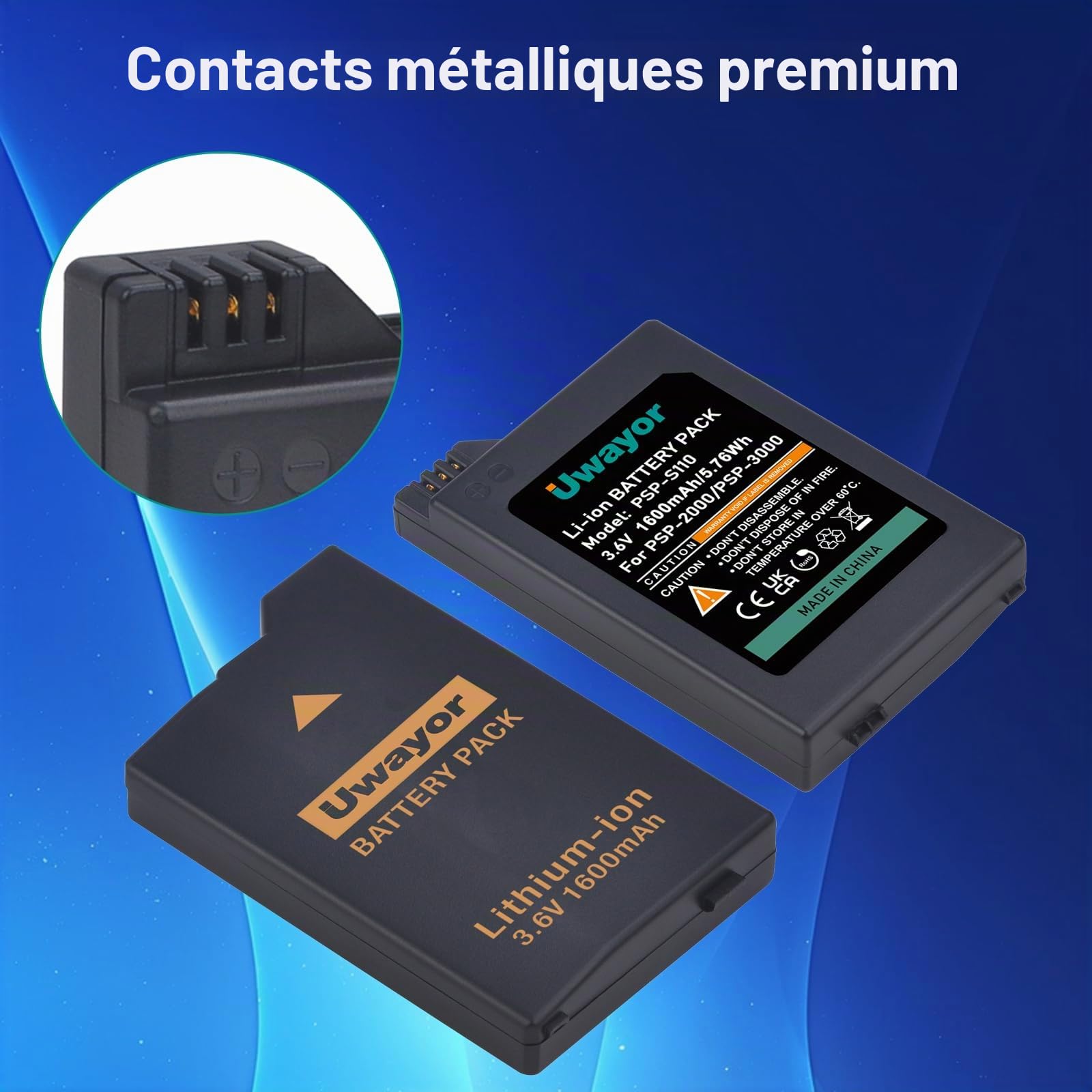 Batterie 1600Amh pour PSP 3000/2000, PSP Slim 2000, PSP-S110, PSP-3001, PSP-3000, PSP-3002, PSP-3004, PSP-2001, PSP Slim Console