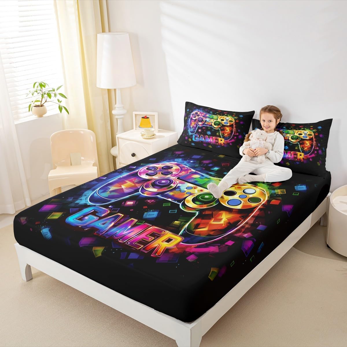 Manfei Boys Gamer Fitted Sheet Full Size, Geometric Gamepad Gaming Bedding Set 3pcs, Video Games Controller Bed Cover with 2 Pillowcases, Kids Teens Room Decor, Soft Bedding(No Top Sheet)