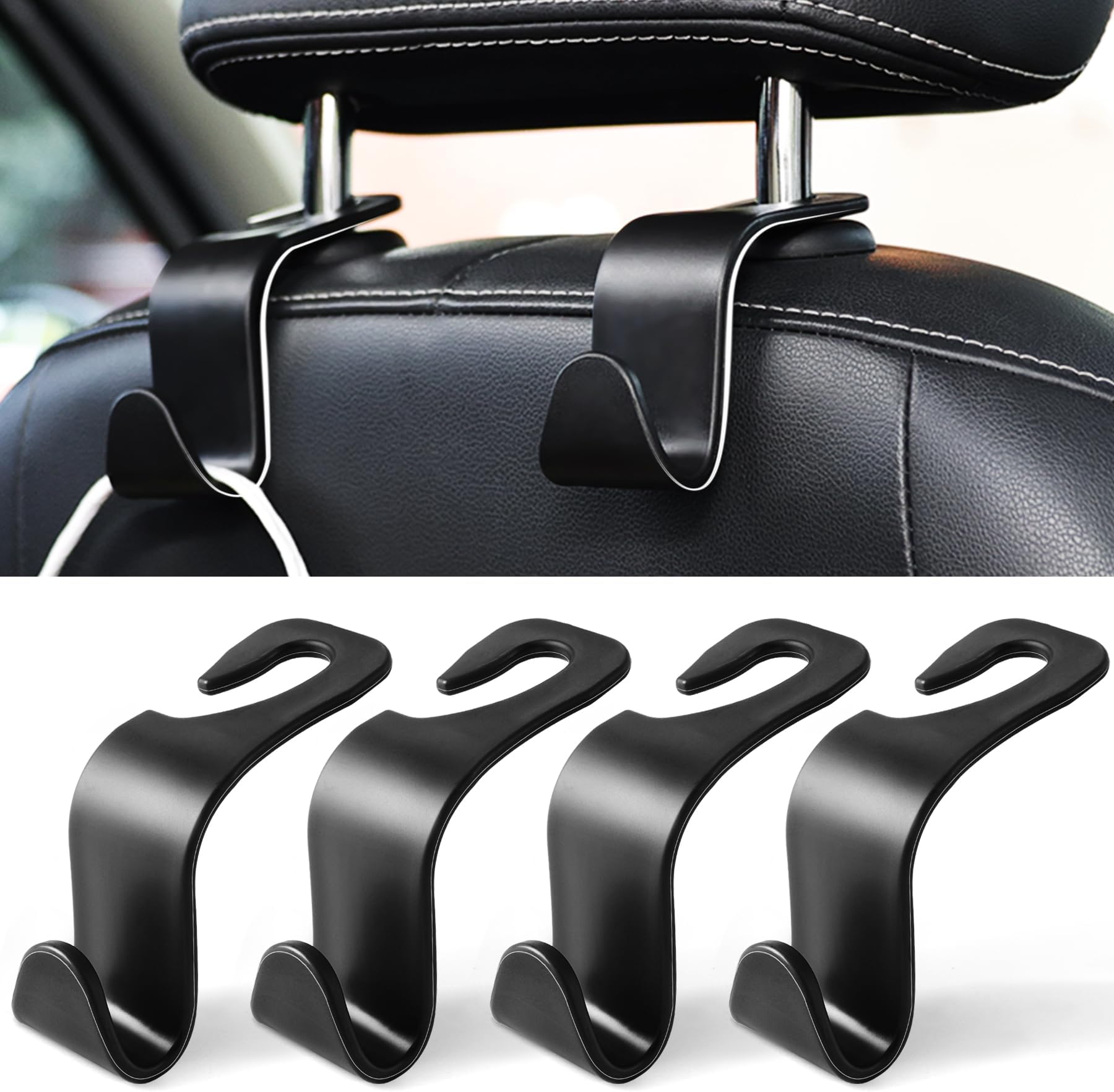 LivTee SHOWAY Car Seat Headrest Hooks, Car Hook Hangers Storage Organizer Interior Accessories for Purse Coats Umbrellas Grocery Bags Handbag, 4-Pack