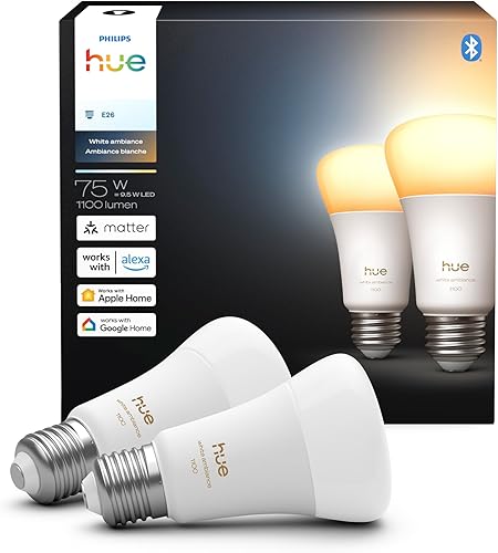 Miniatura 11 de Philips Hue Bombilla LED inteligente A19, ambiente blanco, base E26, 9.5W, luz de espectro completo 1000K-20000K, 1100 lúmenes, regulable,
