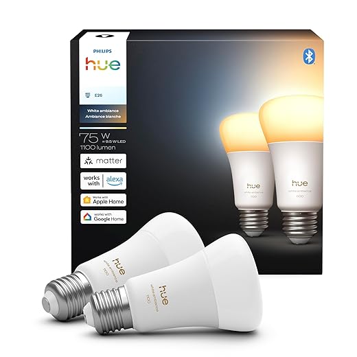 Philips Hue Smart LED A19 Bulb, White Ambiance, E26 Base, 9.5W, Full Spectrum Light 1000K-20000K, 1100 Lumens, Dimmable, Works with Alexa, Google, and Apple Home, 2pk