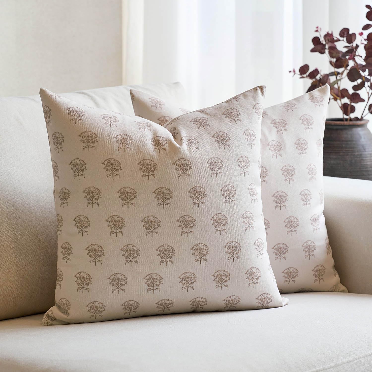 Amor Virisso Set of 2 Floral Throw Pillow Covers 18x18 Inch, Vintage Decorative Block Print Pillow Covers Neutral Accent Farmhouse Pillows Home Decor for Sofa Couch Bed, Light Camel