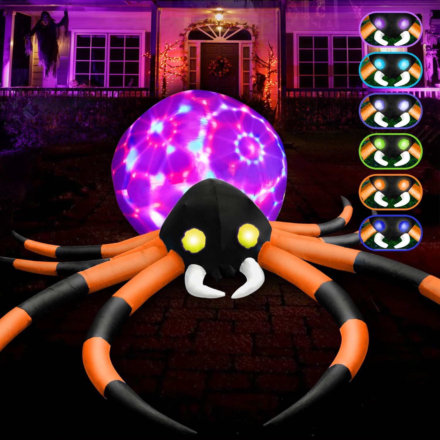 12Ft Halloween Inflatables Spider with 7-Colors Changing LED Lights, Decorations Outdoor Rotating Lights & Glowing Eyes, Large Creepy Props for Yard Garden Decor Orange