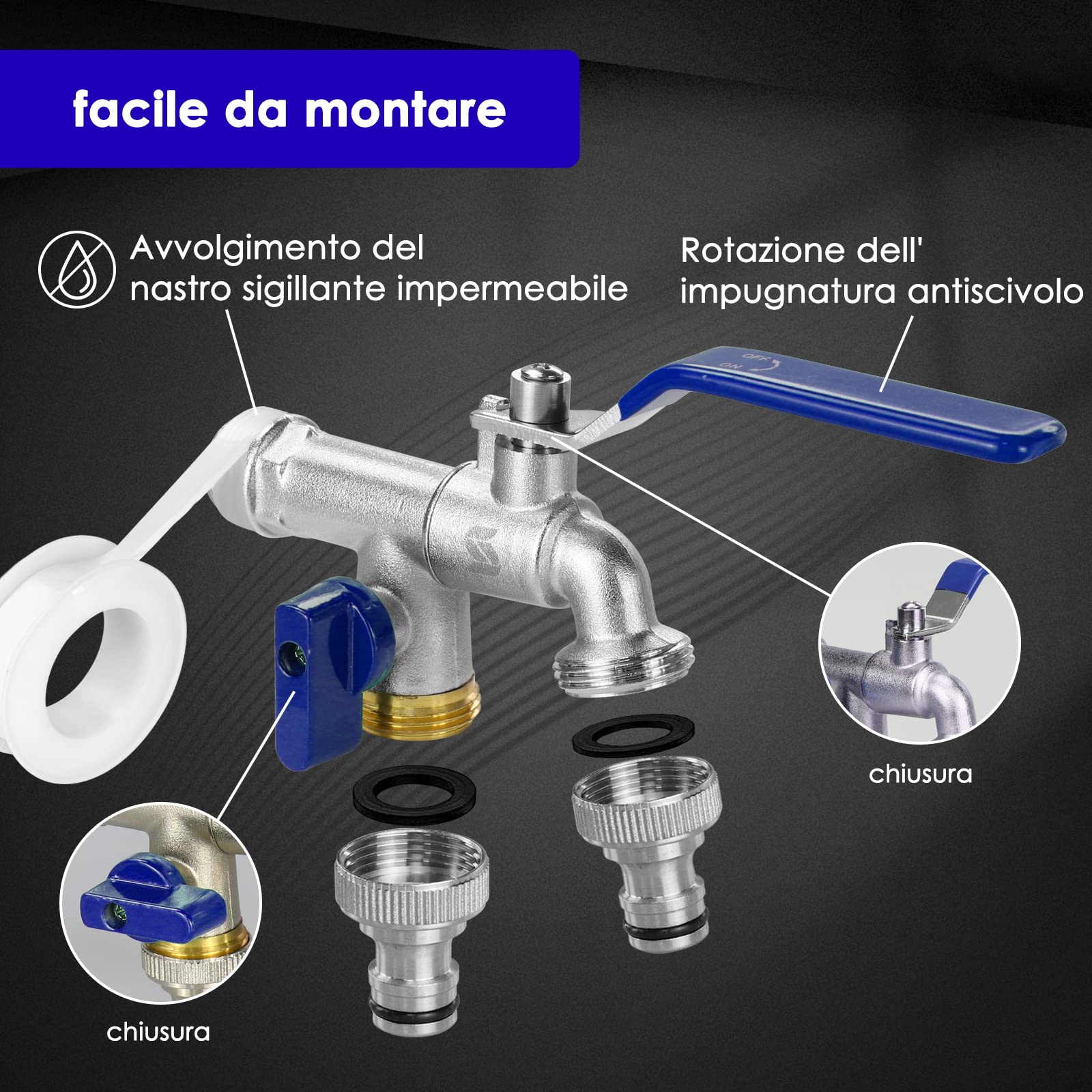 Robinet Double Sortie Jardin 3/4" - Laiton Résistant Au Gel, Poignées Aluminium, Avec Joint, Pour Machine à Laver, Récupérateur Eau