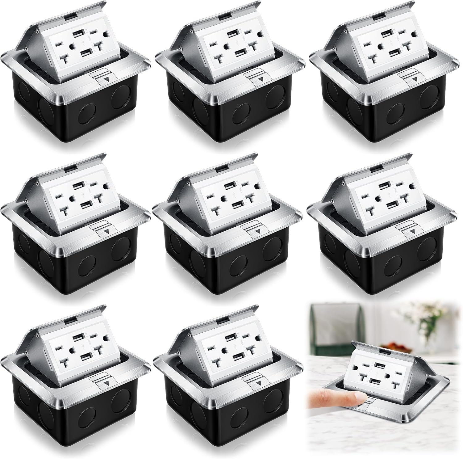 Hoolerry 1 Pack Pop up Floor Electrical Outlet Cover Box Kit with 4.8A USB Charger 20Amp Waterproof Weatherproof Floor Tamper Resistant Outlet Receptacle for Countertop Home (Black)
