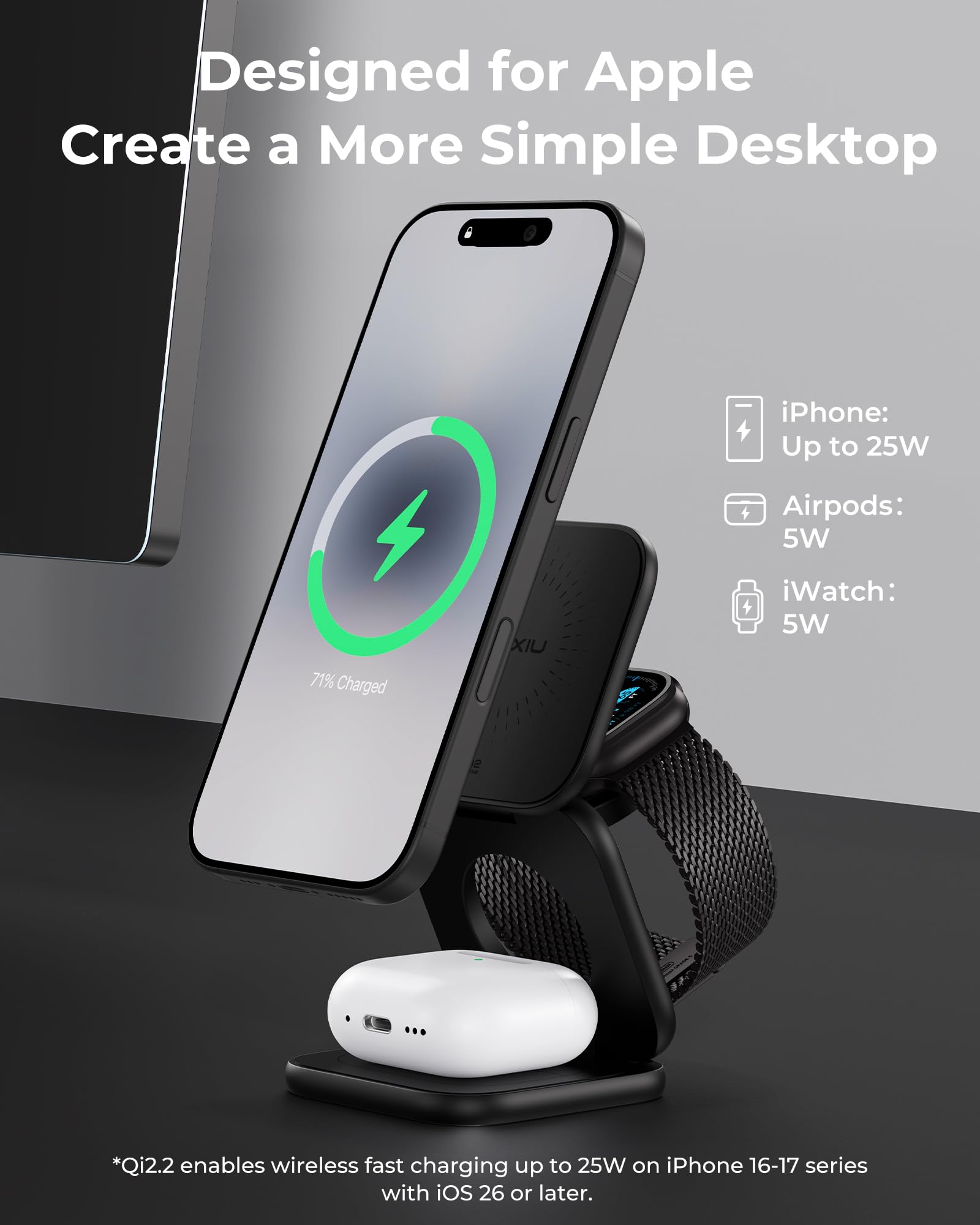 KU XIU X40 Turbo Qi2.2 25W Cargador Inalámbrico Magnético 3 en 1, Estación de Carga Plegable para iPhone 17/16/15/14/13/12, 5W para Apple Watch y AirPods, Diseño en Aluminio, Adaptador GAN 45W Incl.
