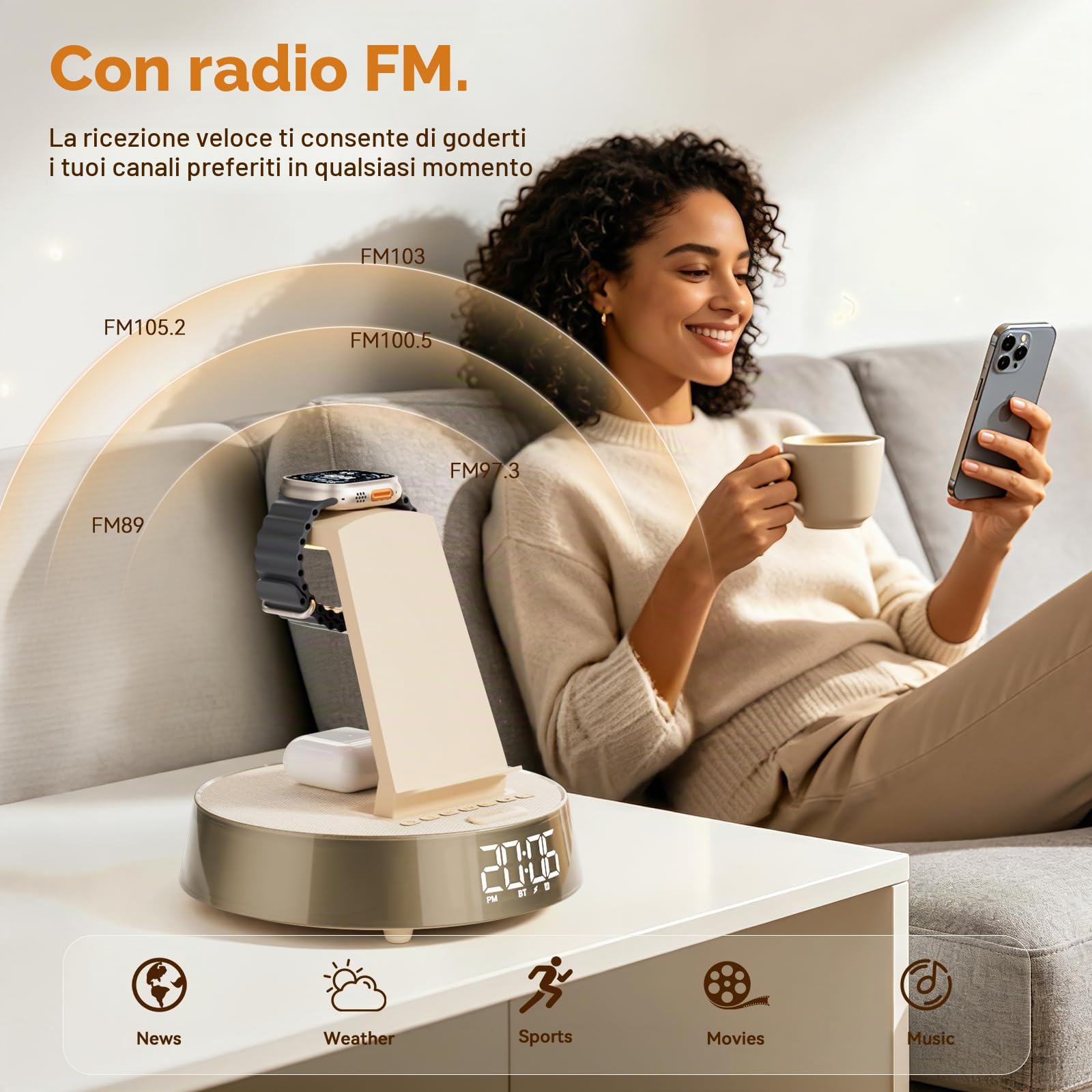 6 in 1 Caricatore Wireless per i-Phone e Sam-sung, Altoparlante Bluetooth | Radiosveglia, Stazione Ricarica per A pple Watch/Air-pods Wireless Charger con Luce Noctturna Regalo Uomo