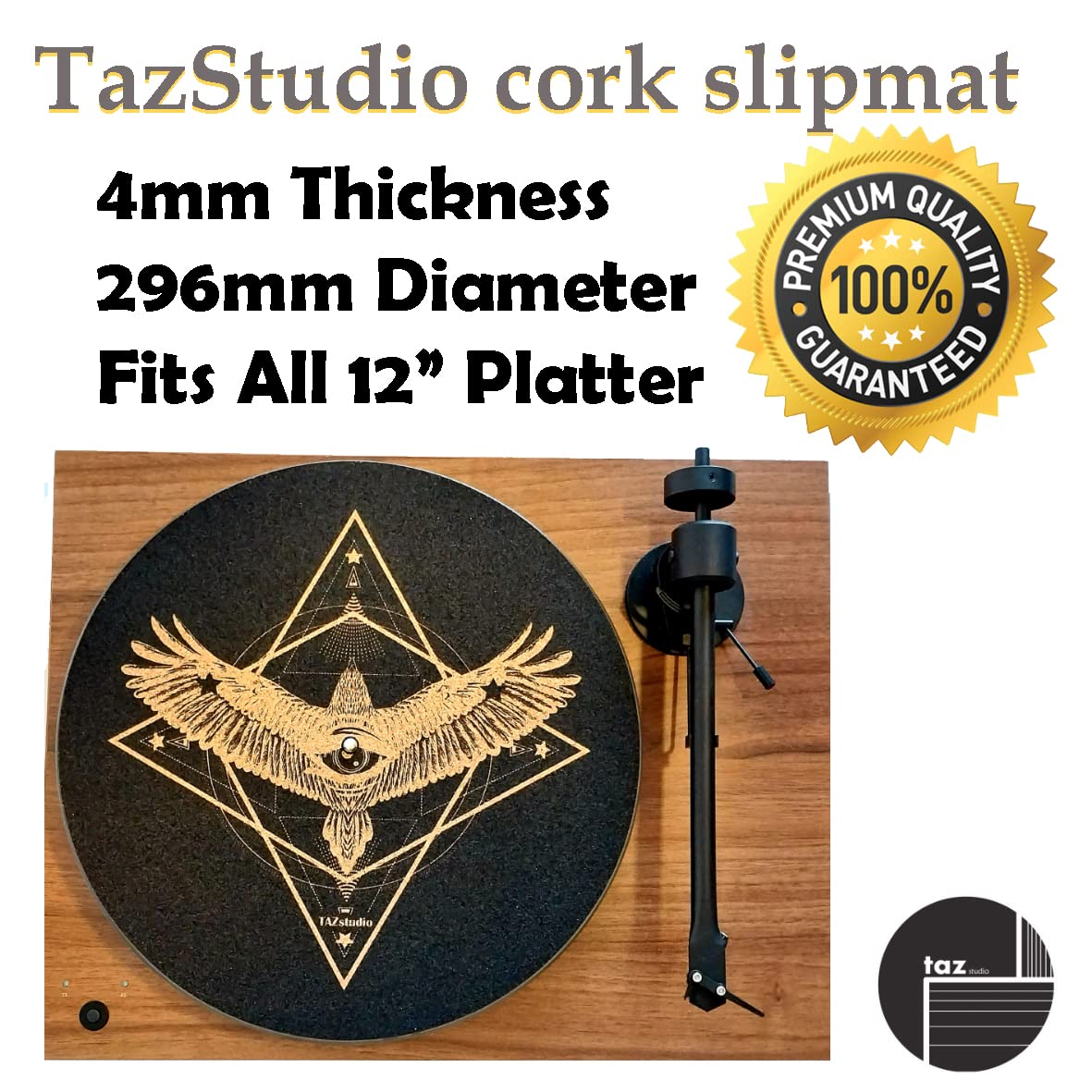 TazStudio Alfombrilla antideslizante de alta calidad, alfombrilla giratoria de corcho [4 mm de grosor] para un mejor soporte de sonido en tocadiscos de vinilo LP - Alfombrilla de corcho con diseño