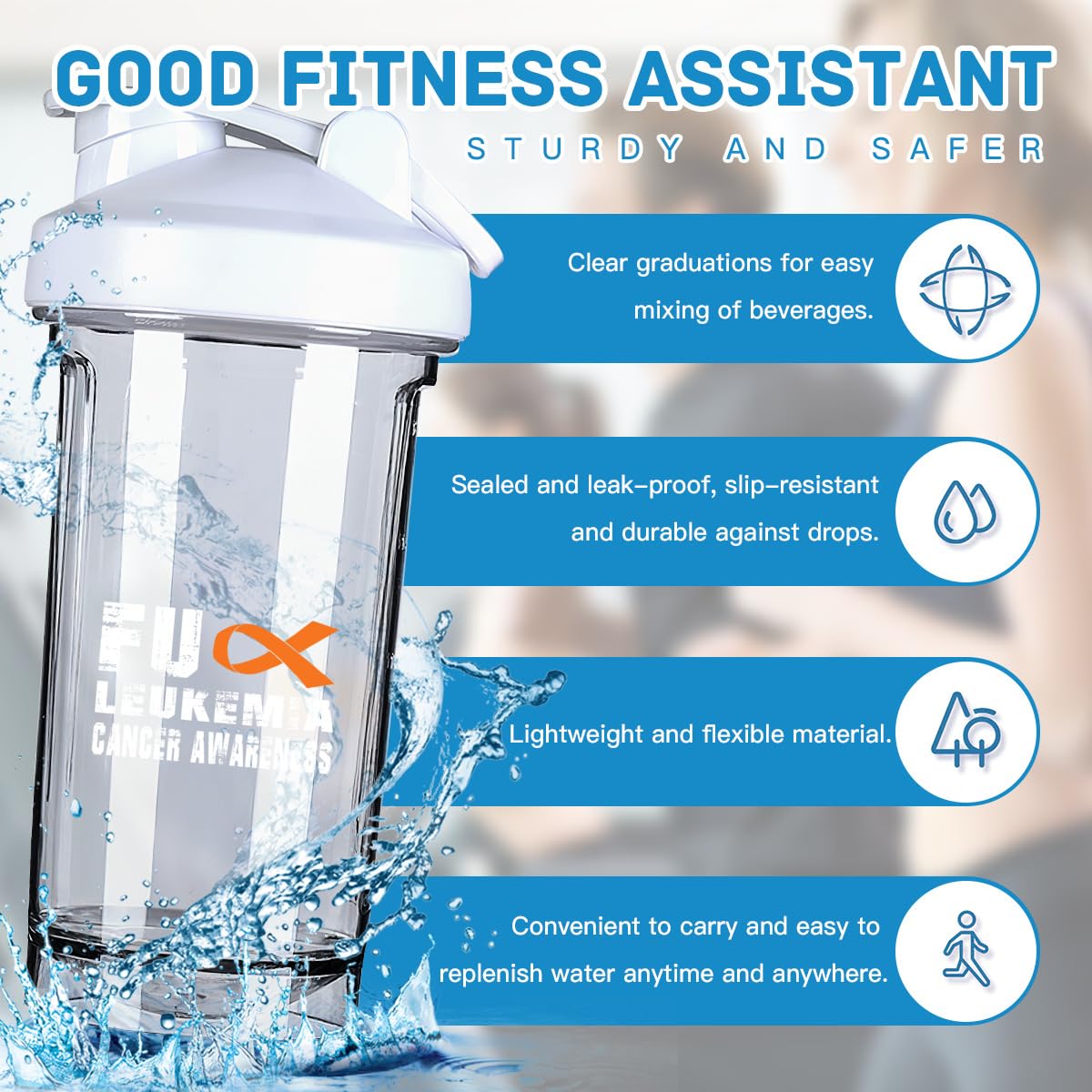 Fuck leukemia Cancer Awareness 18 Ounce Shaker Bottle Drink Mixer Leak-proof Pre Workout Protein Shakes Meal Replacement Shakes Bottles 500ML/18 Oz White