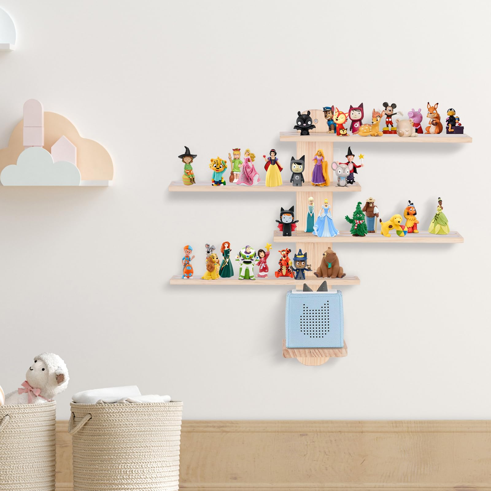 Todeco Étagère Magnétique Murale en Bois, pour Tonies, Barres Verticales | 50-60 Tonie, Compatible avec Toniebox et Station de Charge, Matériel de Montage Inclus, Étagère Réglable, pour Chambre Enfant