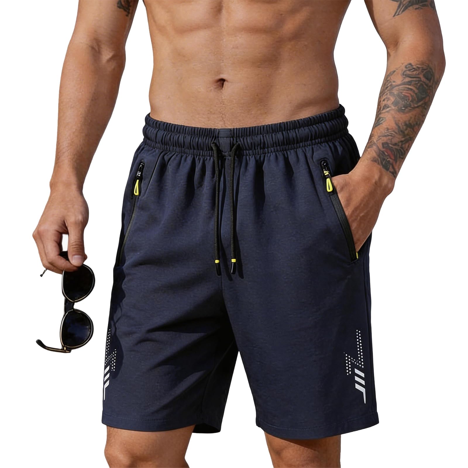 Short Homme de Sport à Séchage Rapide - Bermuda avec Poches Zippées et Bandes Réfléchissantes, Taille Élastique pour Course à Pied, Fitness et Activités Plein Air