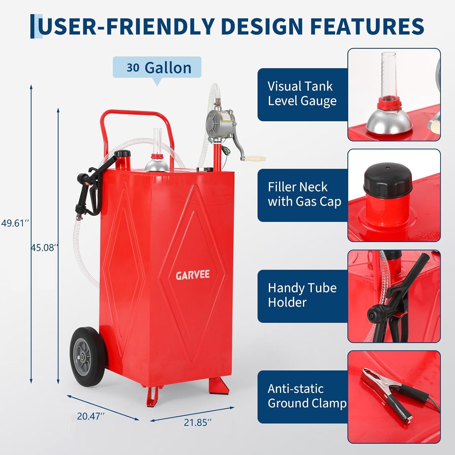 30 Gallon Fuel Gas Caddy Storage Tank, Portable Gas Caddy w/ Wheels, Reversible Manual Hand Pump & Fuel Hose, Anti-Static Grounding Clamp, Vent/Level Gauge, Wide Fill Neck, Gasoline/Diesel Transfer for ATV, Car, Mower, Tractor, Boat