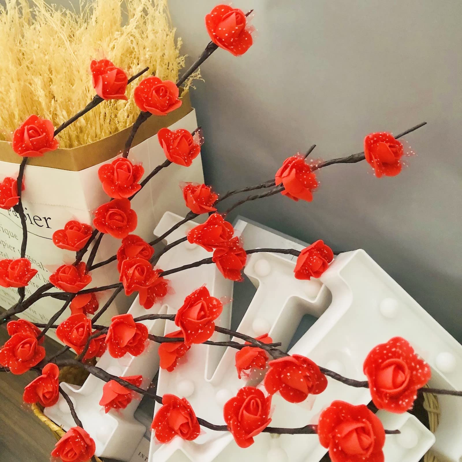 Riaxuebiy 2 Pack Red Rose LED Twig Lights, Lighted Artificial Lace Rose Flower Tree Branch Lights - Image 4