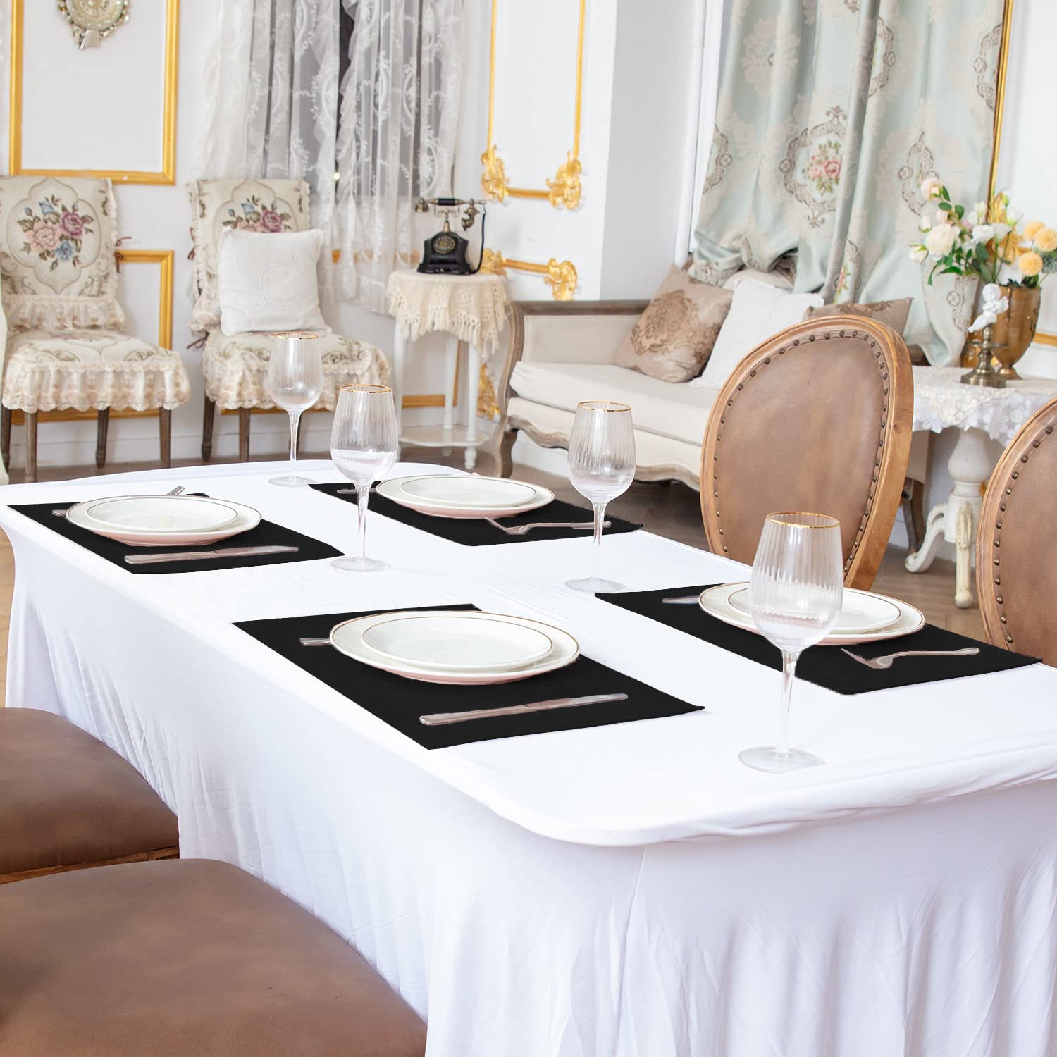 Set Of 8 Linen-Look Polyester Placemats - 17.7x11.8 Inch, Heat Resistant & Machine Washable, Black
