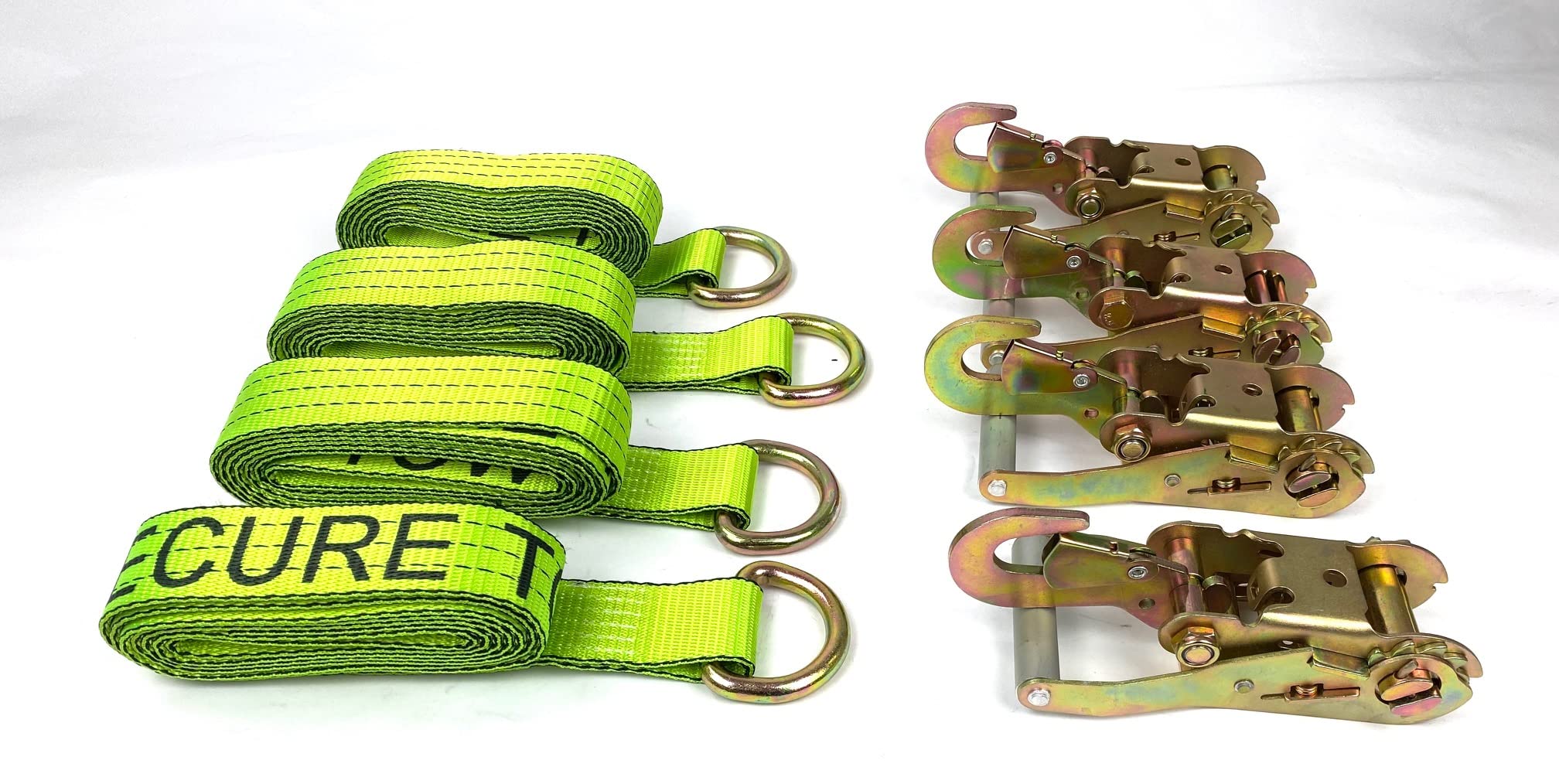 4 Pack of 2 x 10' Hi-VIZ Green Tecnic Webbing Lasso Straps w/Snap Hook Ratchets