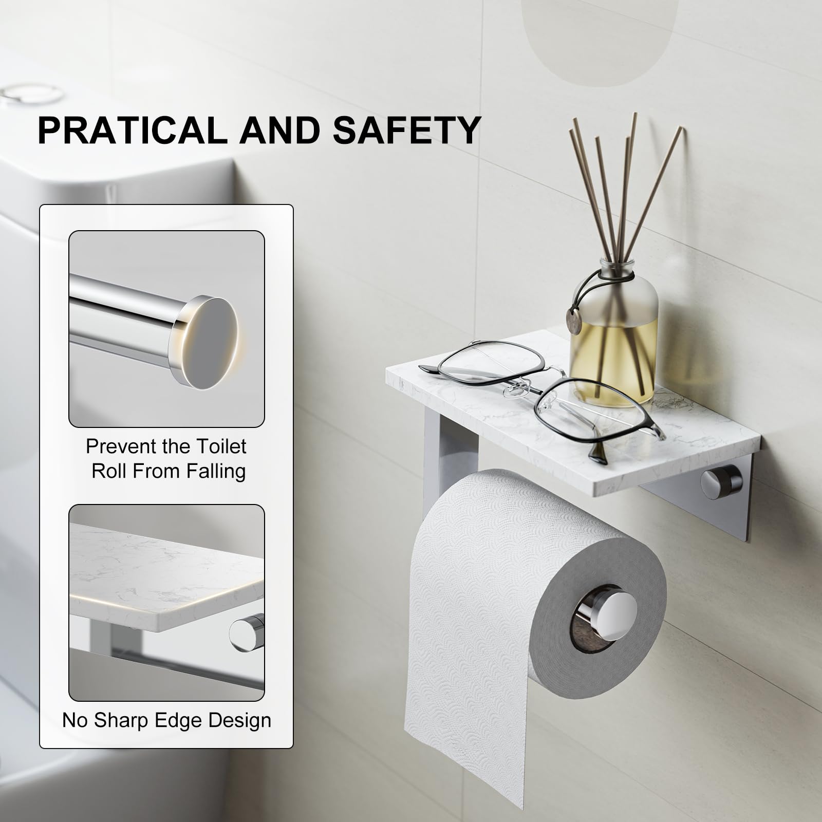 Chrome Toilet Paper Holder with Marble Shelf Tissue Roll Holder — Amazon image 4
