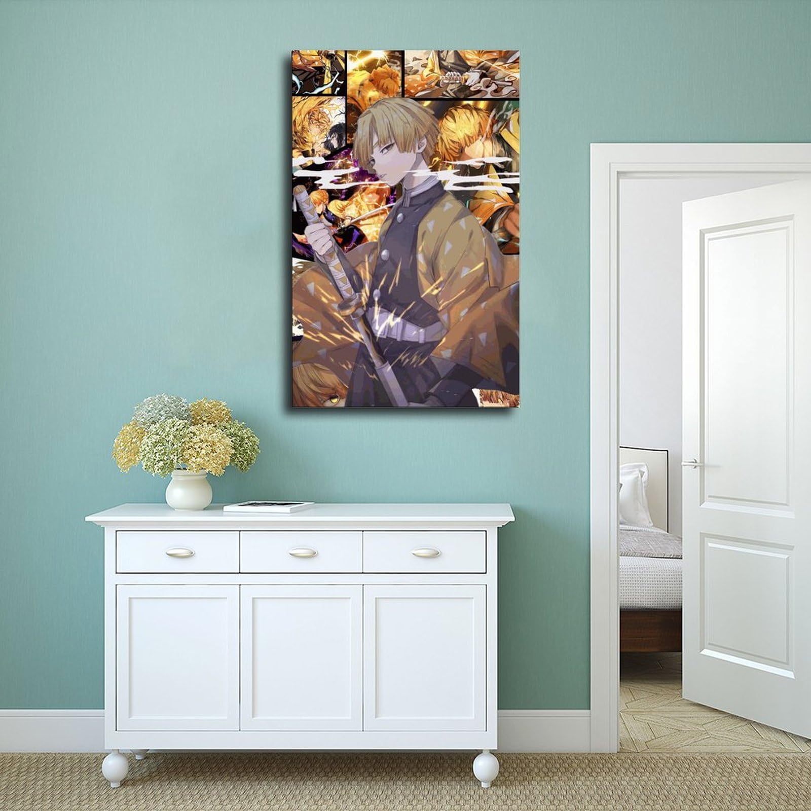 Zenitsu Poster su tela, motivo: Demon Slayer, decorazione per camera da letto, sport, ufficio, camera da letto, regalo, stile cornice, 20 x 30 cm