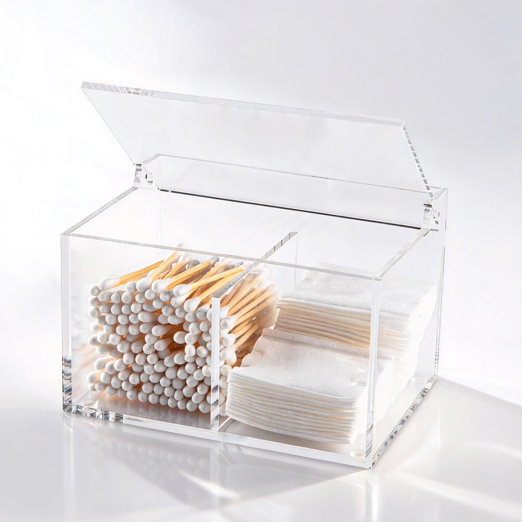 Clear Acrylic Cotton Swab Ball Holder Qtip Organizer with Lid 2-Grid Canister for Make Up Pads Floss Picks