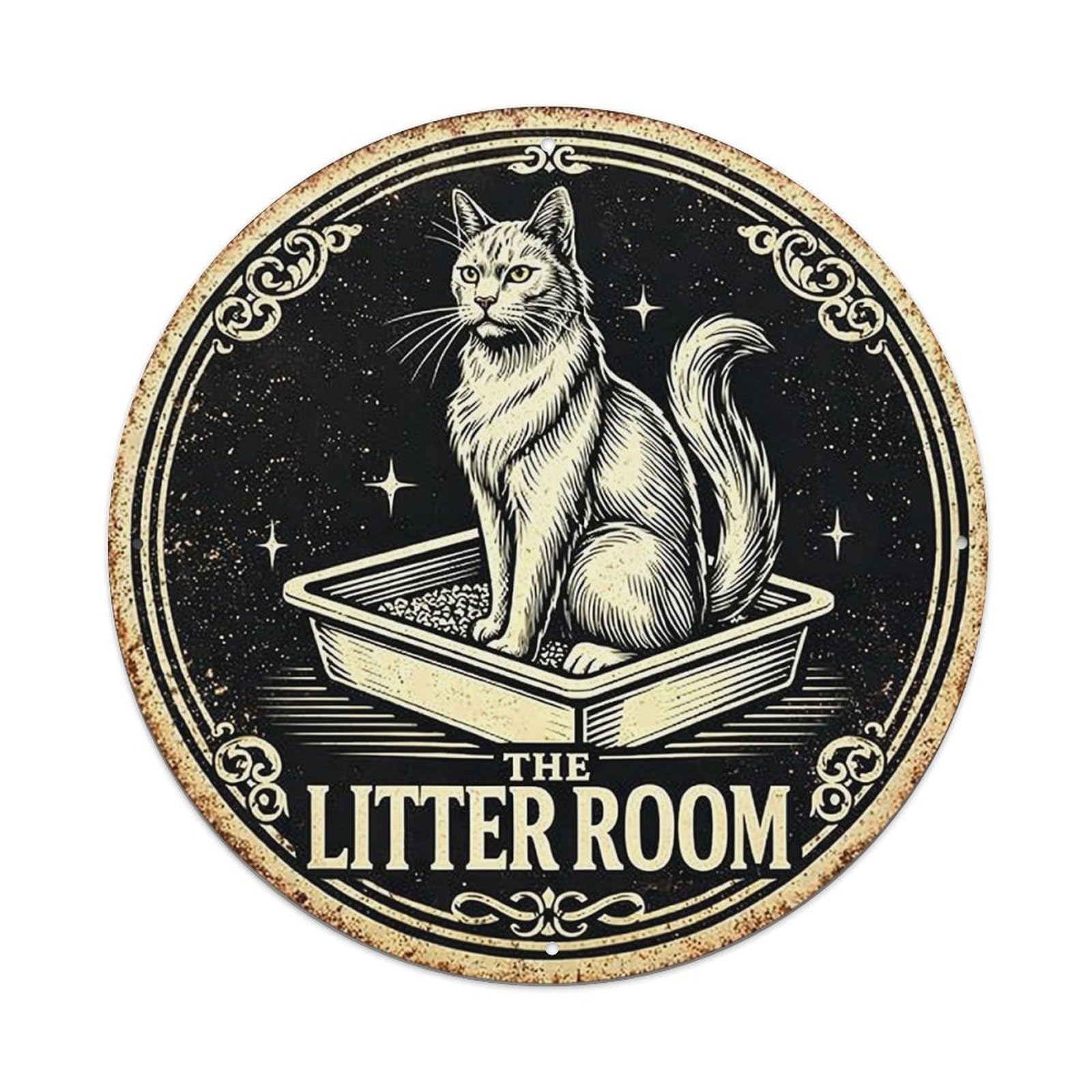 Cat In Litter Box Starry Background Vintage Round Tin Sign Retro Metal Wall Decor Metal Poster, Home Bar Garage Cafe Wall Art Decoration 8x8Inches