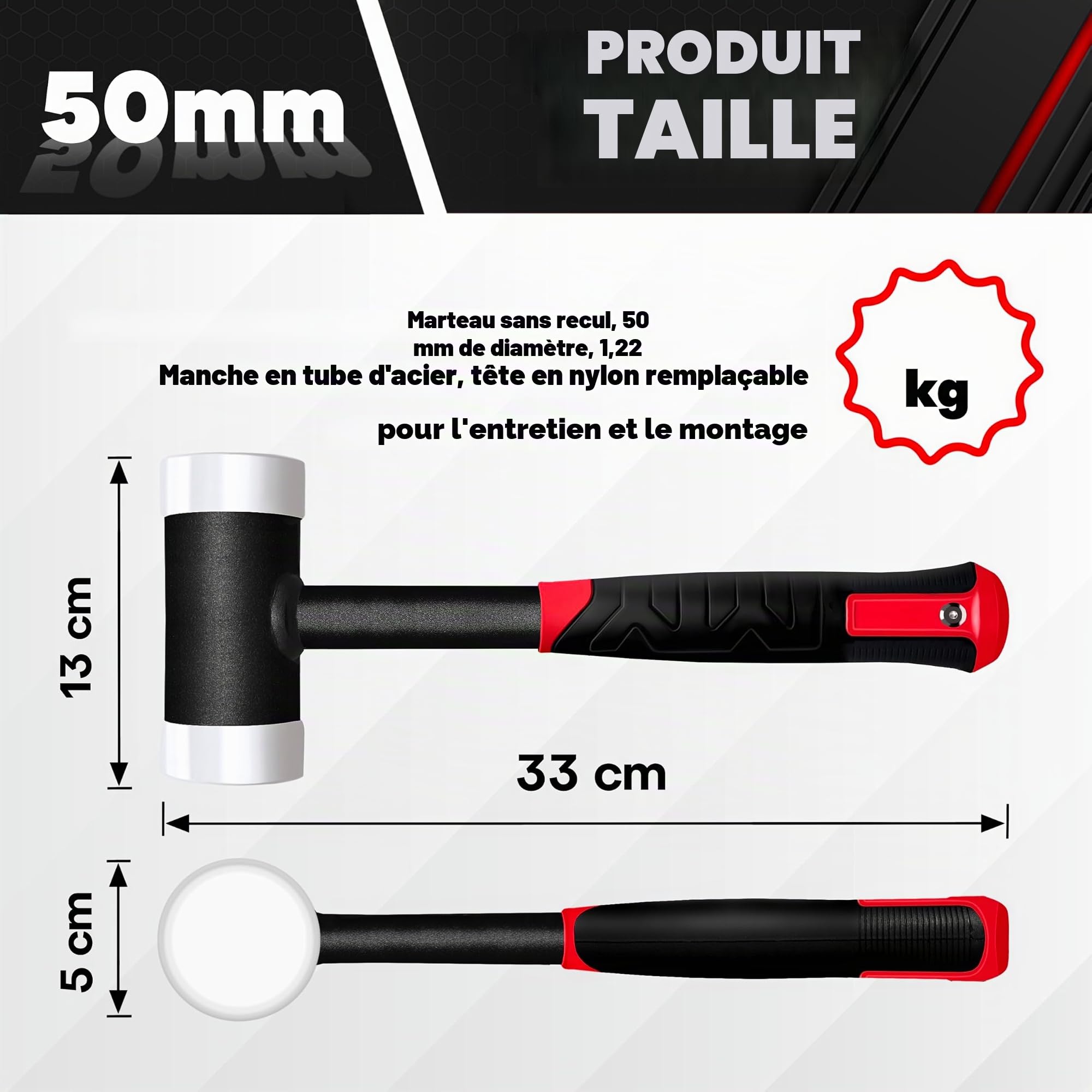 C&T Marteau anti-retour, marteau de protection, maillet souple, diamètre 50 mm, manche en tube d'acier, tête en nylon interchangeable pour l'entretien et le montage