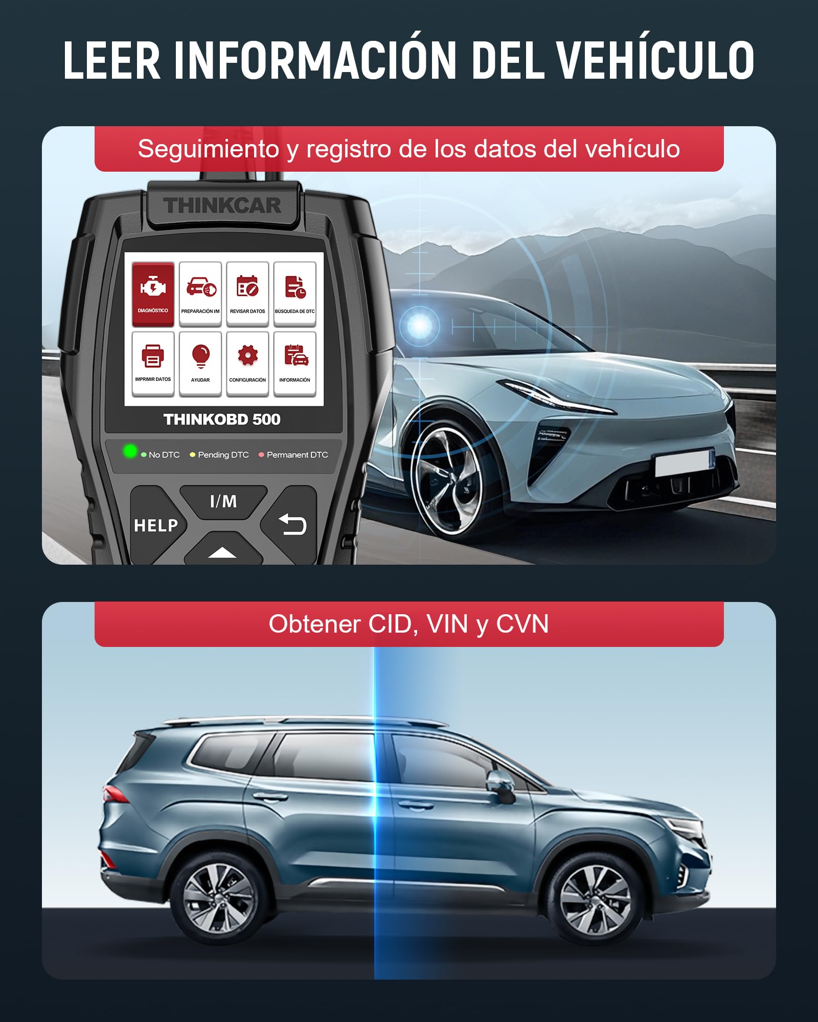 OBD2 Diagnosis, ThinkOBD 500 Diagnosis Coche Multimarca con Sistema del Motor, Diagnosis Coche Multimarca para Protocolos OBDII/EOBD, Verificación de Smog/Prueba EVAP/Apague MIL...