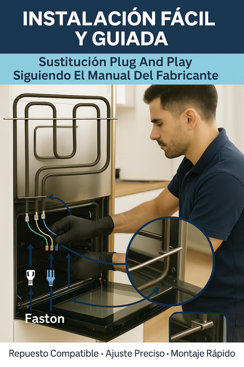 RECAMBIOS DREYMA Resistencia Solera y Grill Horno 1500W 1100W 230V Tubular Acero Montaje Faston Barra Guia Calor Uniforme Instalacion Rapida Compatible con TEKA BOSCH BALAY Repuesto Solido