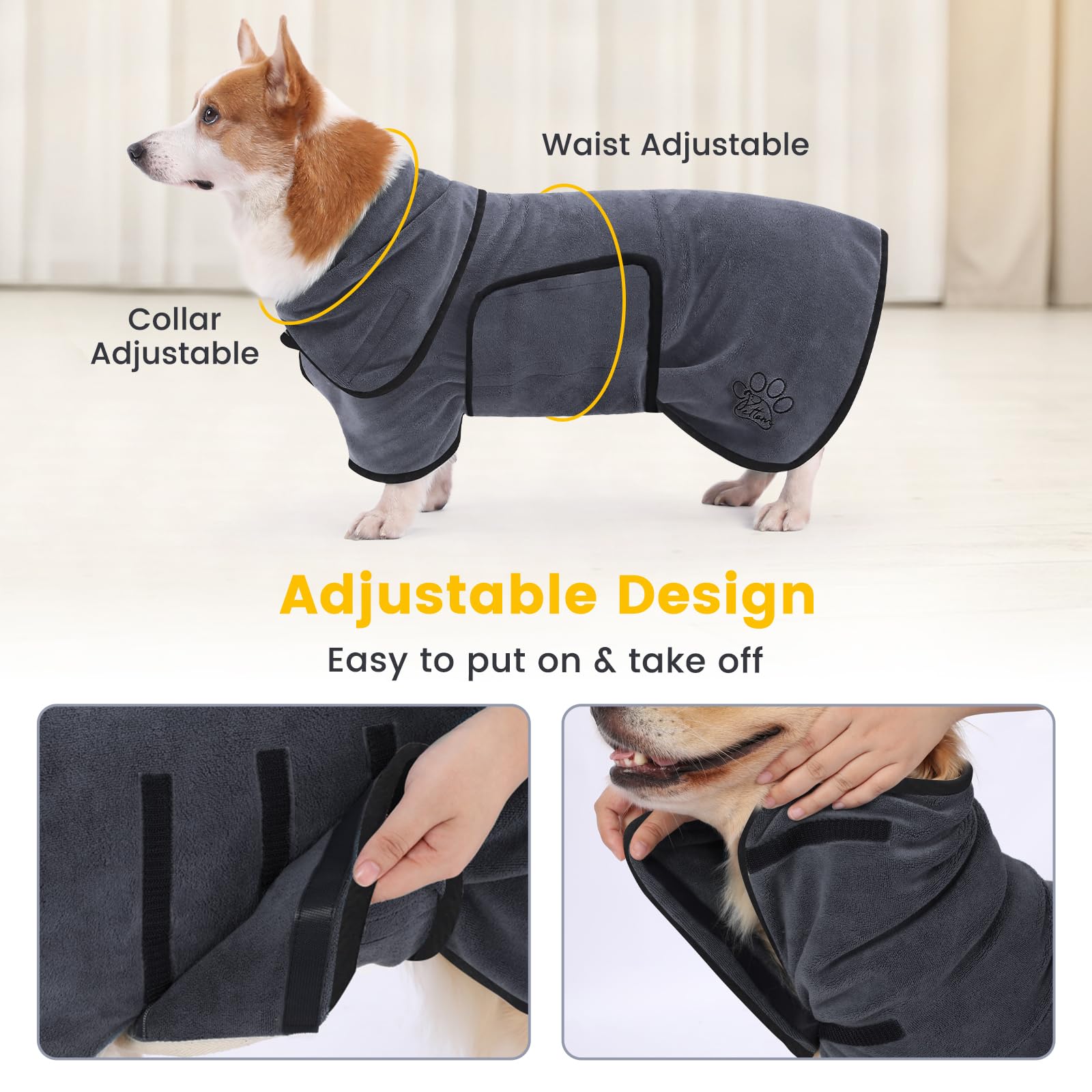 PETTOM Hundebademantel, Bademantel Hund mit Hohem Kragen, Hundebademantel für Große Mittelgroße und Kleine Hunde, Hunde Bademantel Mikrofaser mit Klettverschluss (Grau, M)