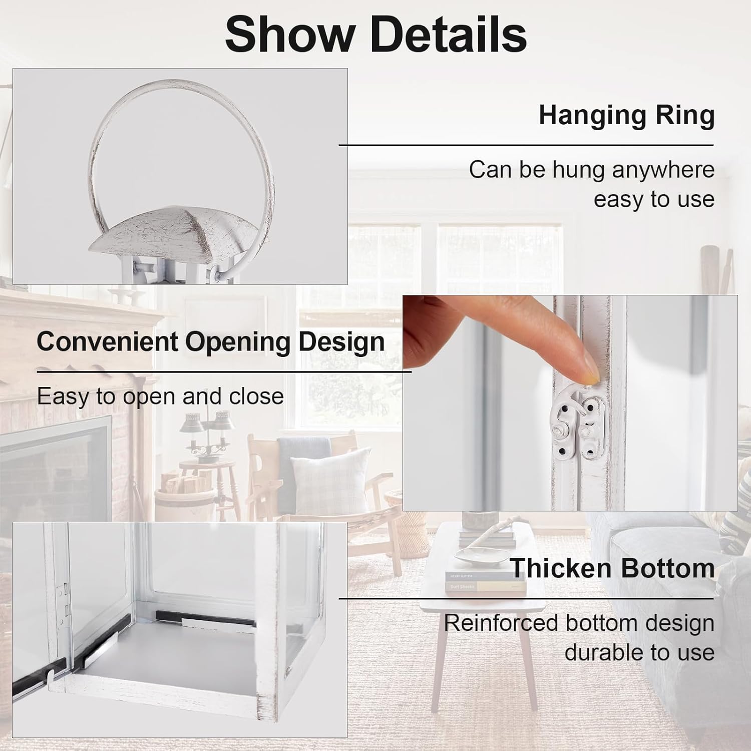 Decorative Candle Lantern 16Inches Outdoor Metal Lantern Hanging Candle Lantern for Indoor Outdoor Home Decor Patio Christmas Decorations, Greyish White