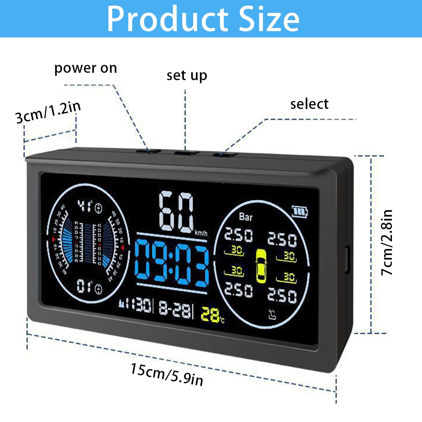 Multifunktional Reifendruckkontrollsystem, TPMS mit 4 Externen Sensoren | Solaraufladung Monitor Universal Geschwindigkeit mit Farbiger LCD Anzeige 9.9BAR/199Psi für Van RV LKW SUV