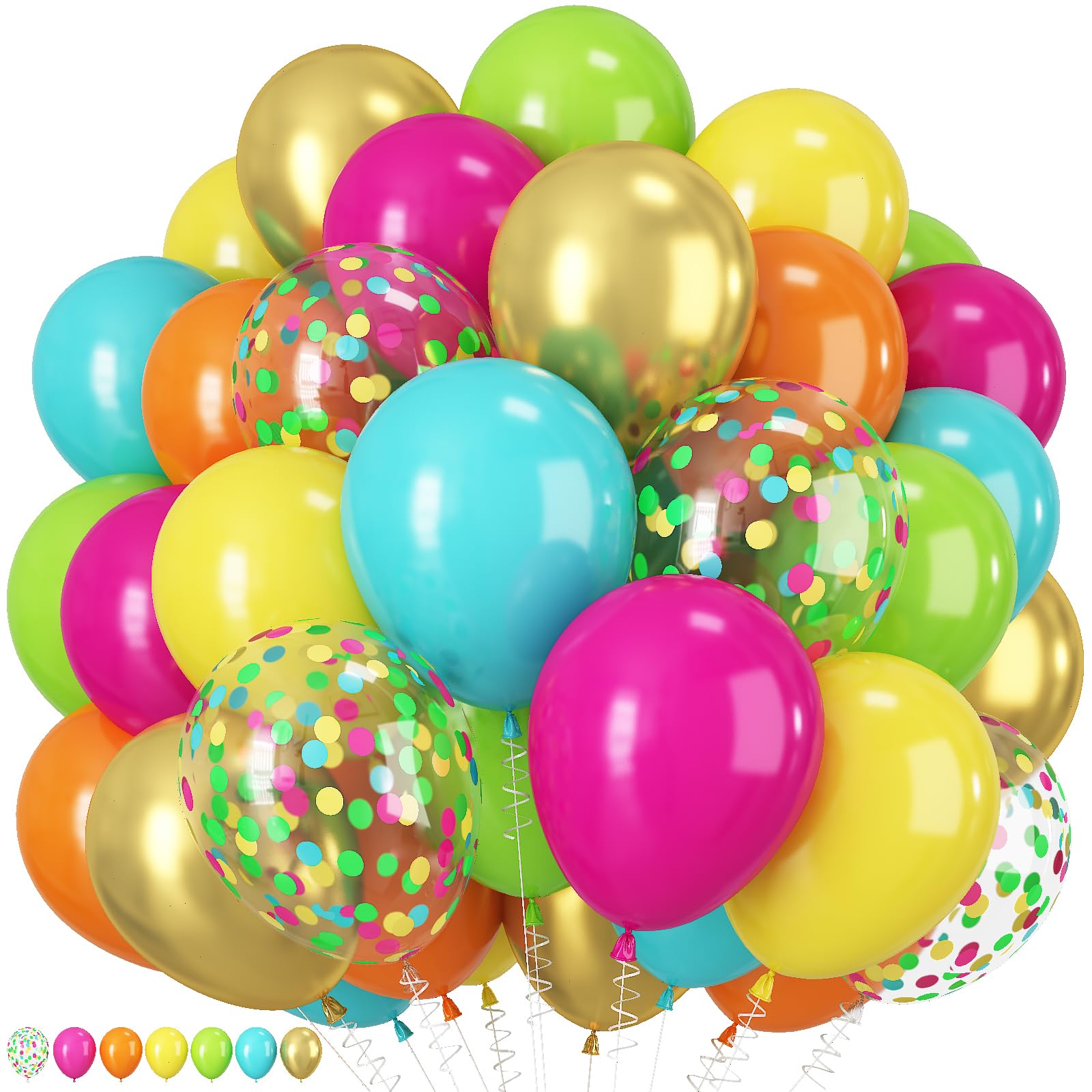 Tropical Balloons, 60 PCS 12 Inch Hawaiian Balloons, Hot Pink Orange Teal Yellow Green Gold Colorful Confetti Balloon for Summer Birthday Baby Shower Tropical Aloha Luau Pool Theme Party Decorations — image 1