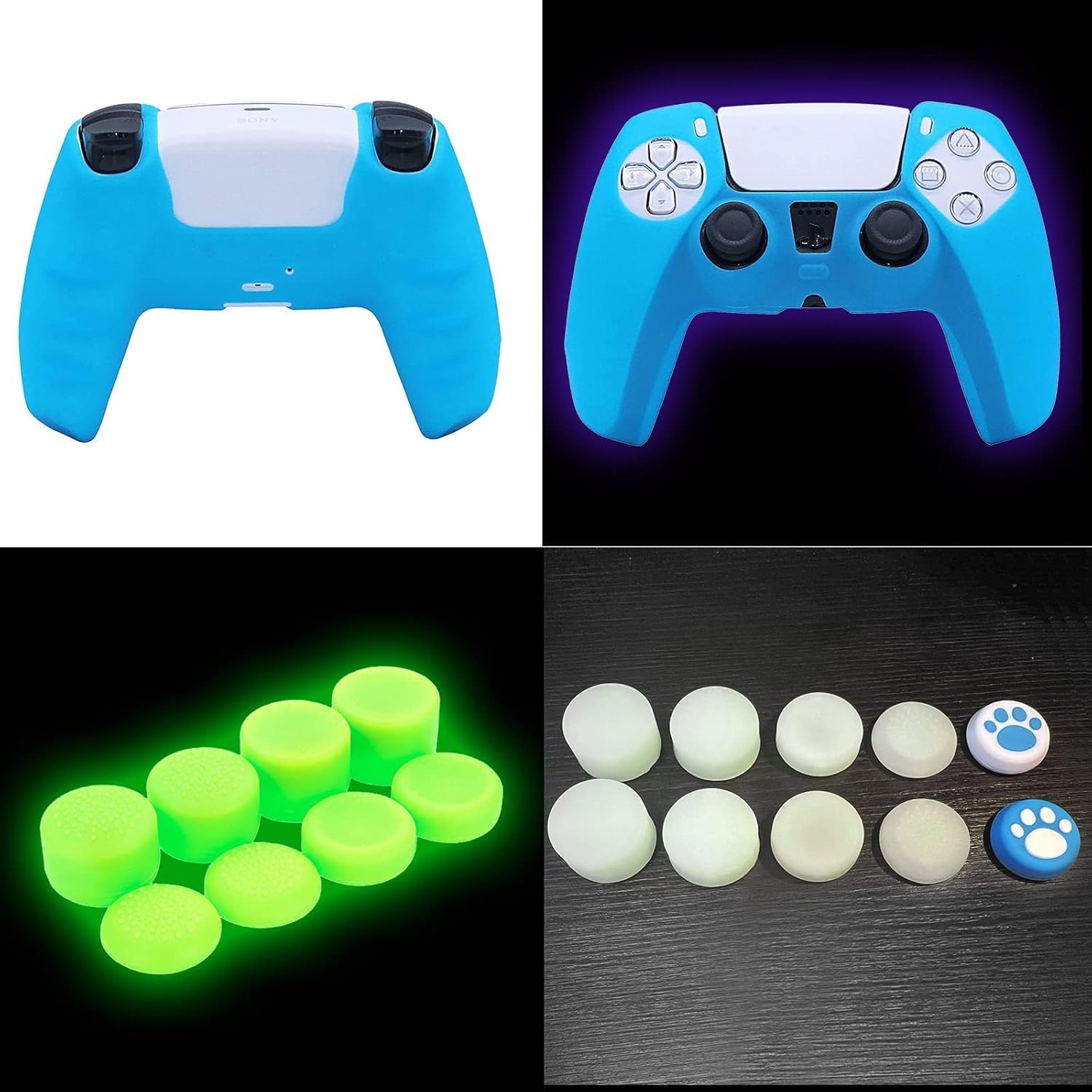 Skin Silicone Grip Glow in Dark Protection étui Compatible avec contrôleur PS5 avec 8 Casquettes Glow in The Dark Thumb Grips + 2 Casquettes Cute Cat Paw Thumb Grips.