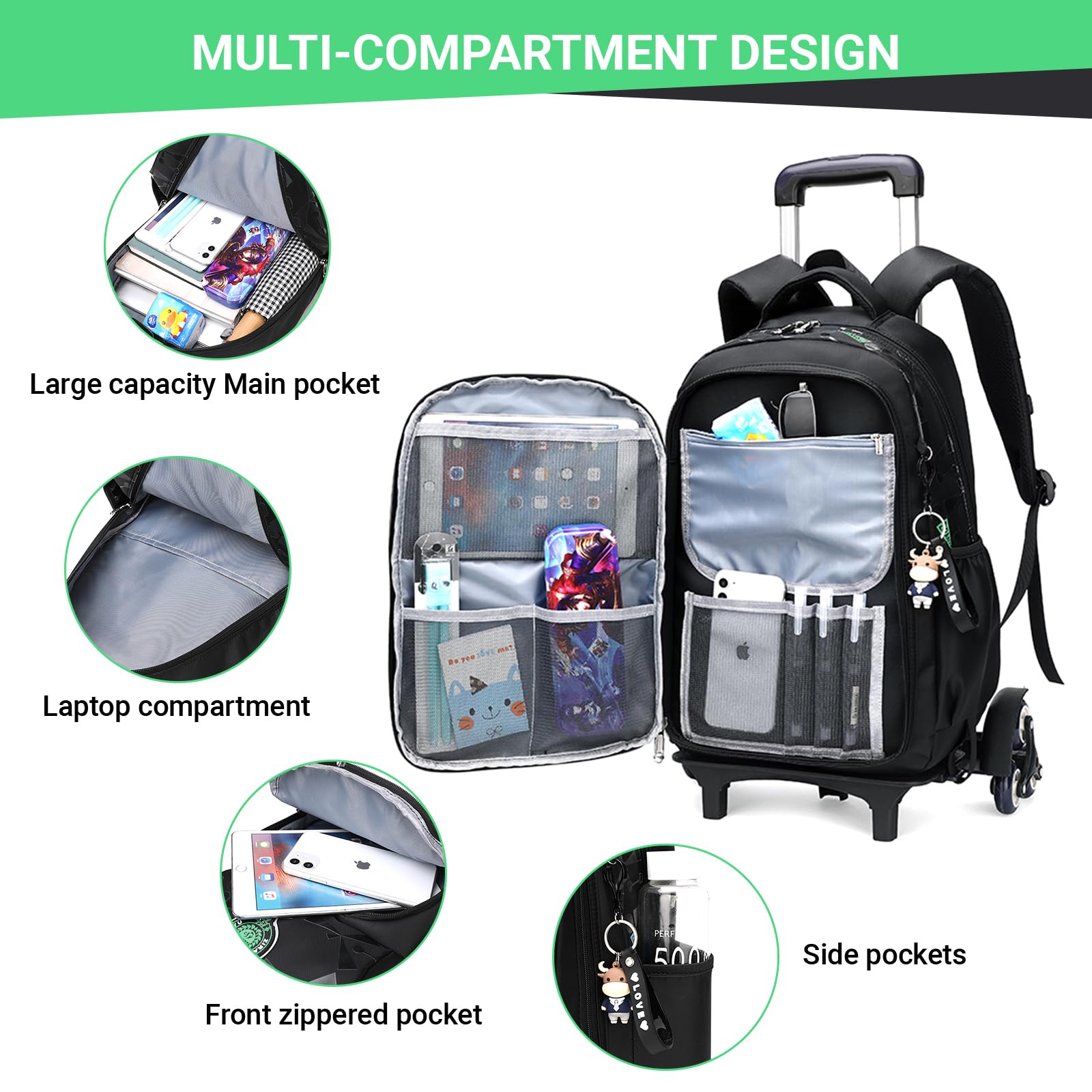 Amythe Zaino Trolley per Bambini Zaini Scuola Elementare, Zainetto Ragazzi da Viaggio con Carrello e Maniglia Telescopica, 6 Ruote, Nero