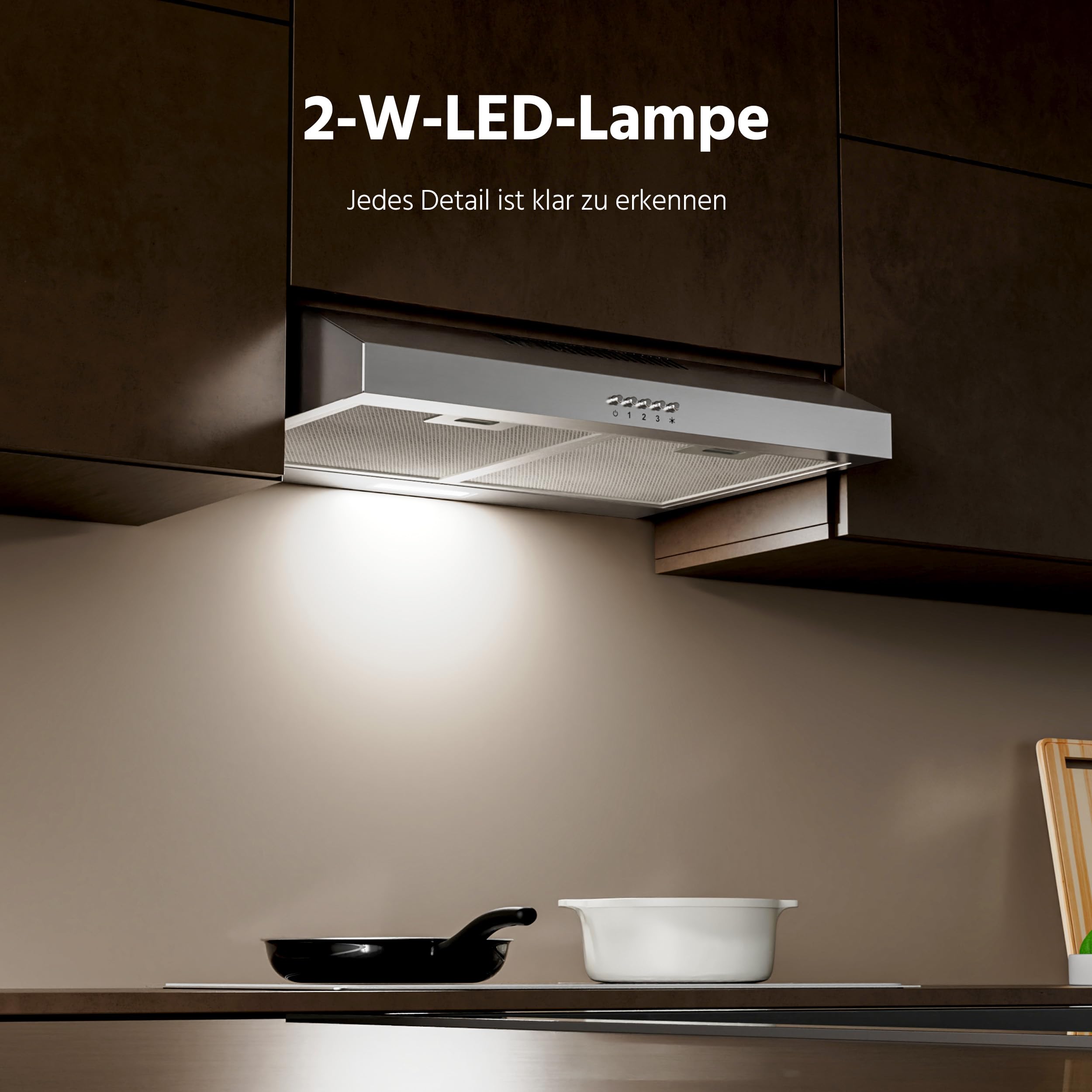 FIREGAS Unterbau Dunstabzugshaube 60 cm Edelstahl, 319 m³/h, Energieeffizienzklasse A++, bürstenloser Motor, Umluft & Abluft, 3 Leistungsstufen, leise, 2W LED, inkl.2 Aktivkohlefilter