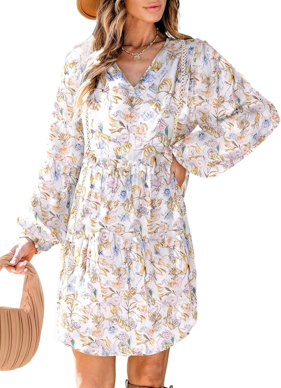 Dokotoo Women's V Neck Floral Embroidered Lace Trim Mini Dress Long Peasant Sleeves Flowy Dress Fall Dresses Large Purple